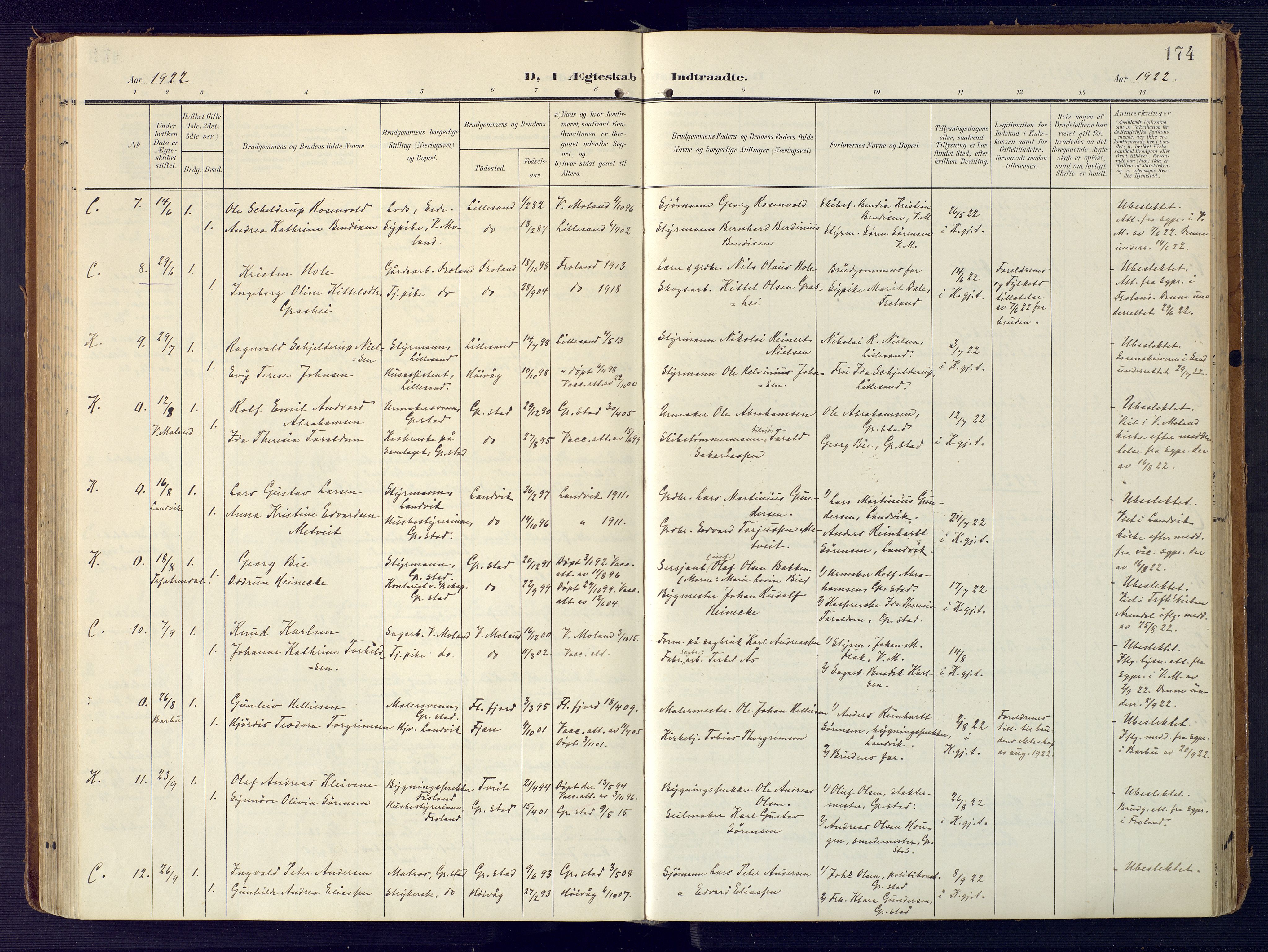 Grimstad sokneprestkontor, SAK/1111-0017/F/Fa/L0005: Parish register (official) no. A 4, 1911-1924, p. 174