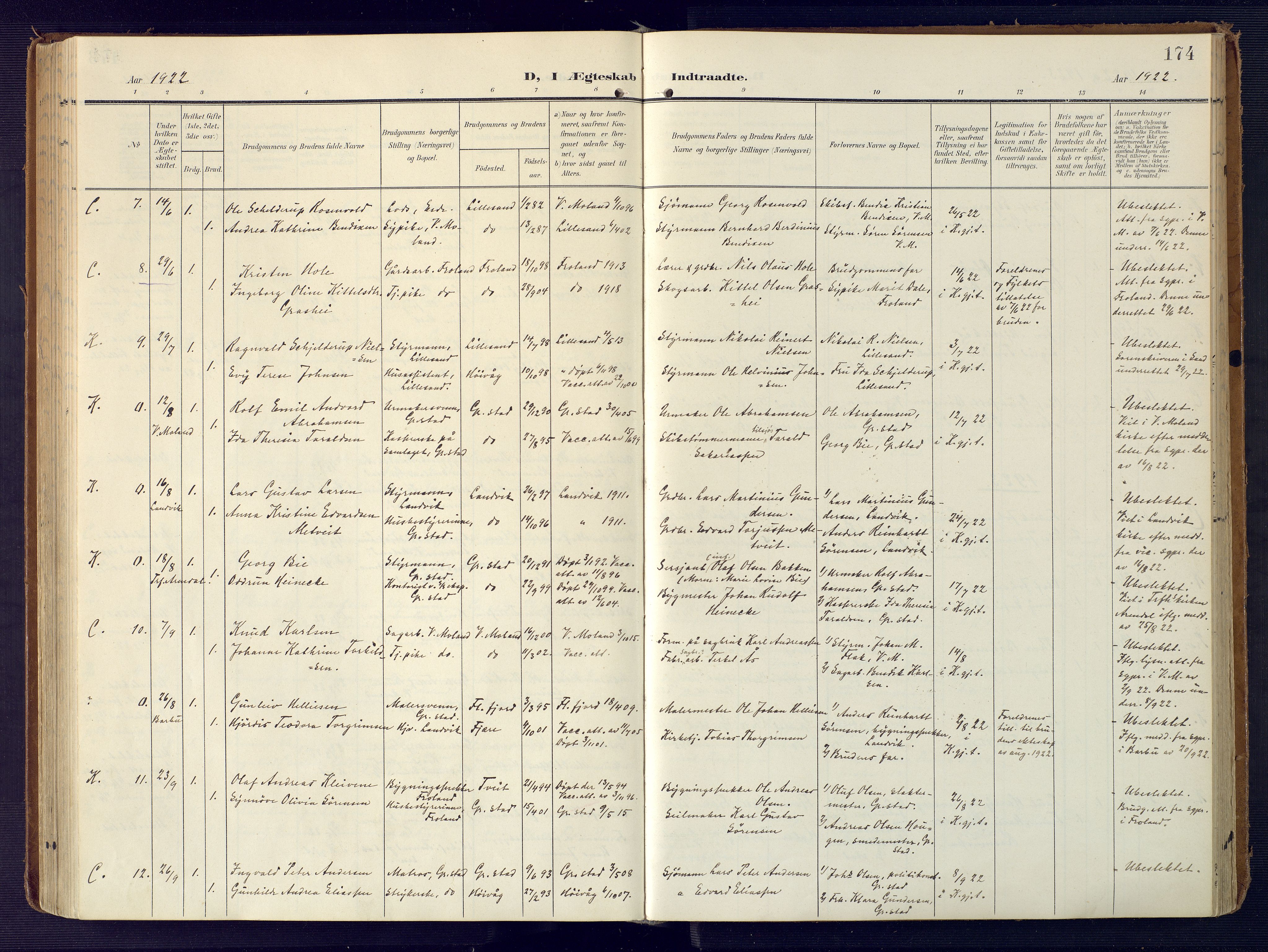 Grimstad sokneprestkontor, AV/SAK-1111-0017/F/Fa/L0005: Parish register (official) no. A 4, 1911-1924, p. 174