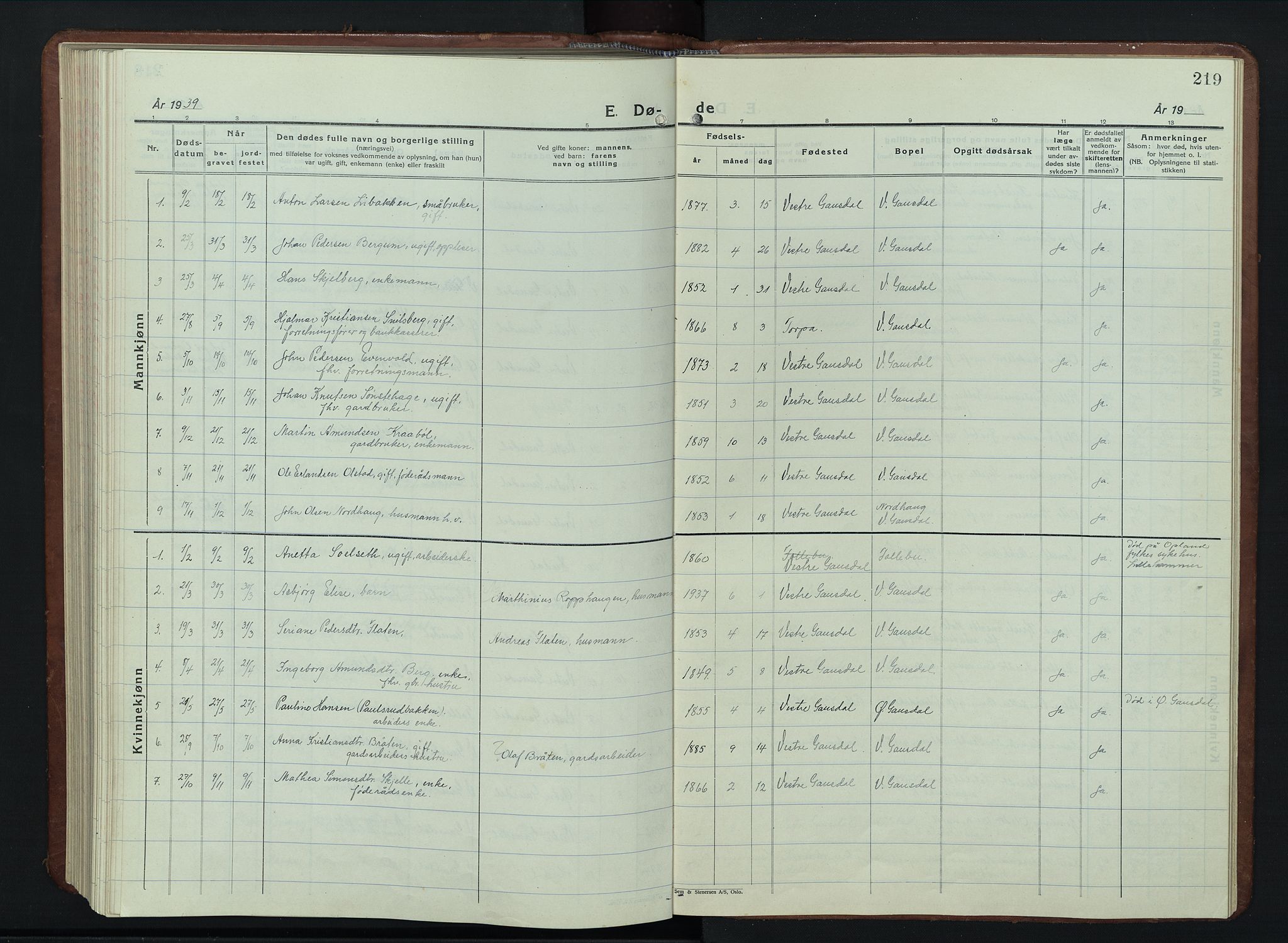 Vestre Gausdal prestekontor, SAH/PREST-094/H/Ha/Hab/L0005: Parish register (copy) no. 5, 1926-1955, p. 219