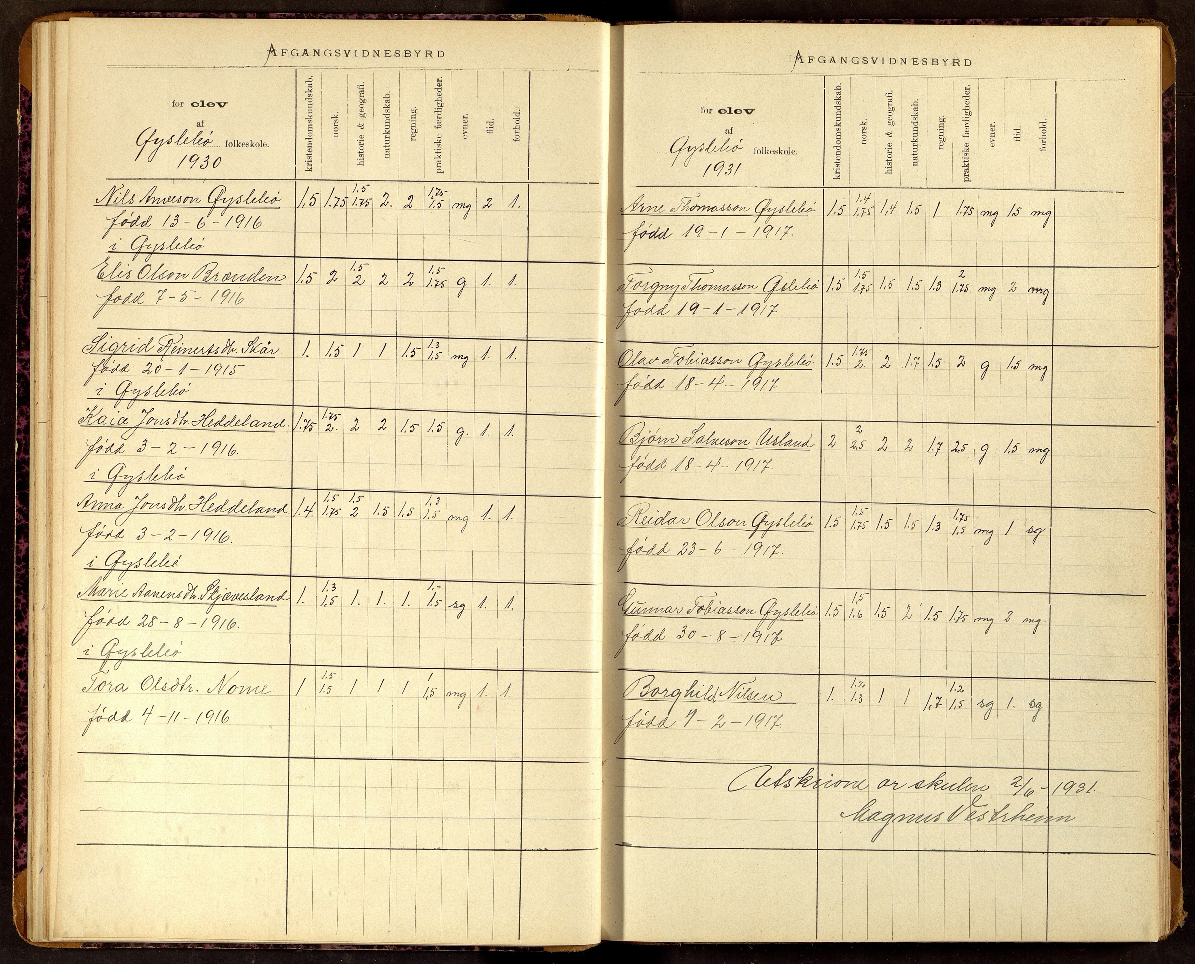 Øyslebø kommune - Øyslebø Skole, ARKSOR/1021ØY552/F/L0001: Protokoll over avgangsvitensbyrd, 1892-1961