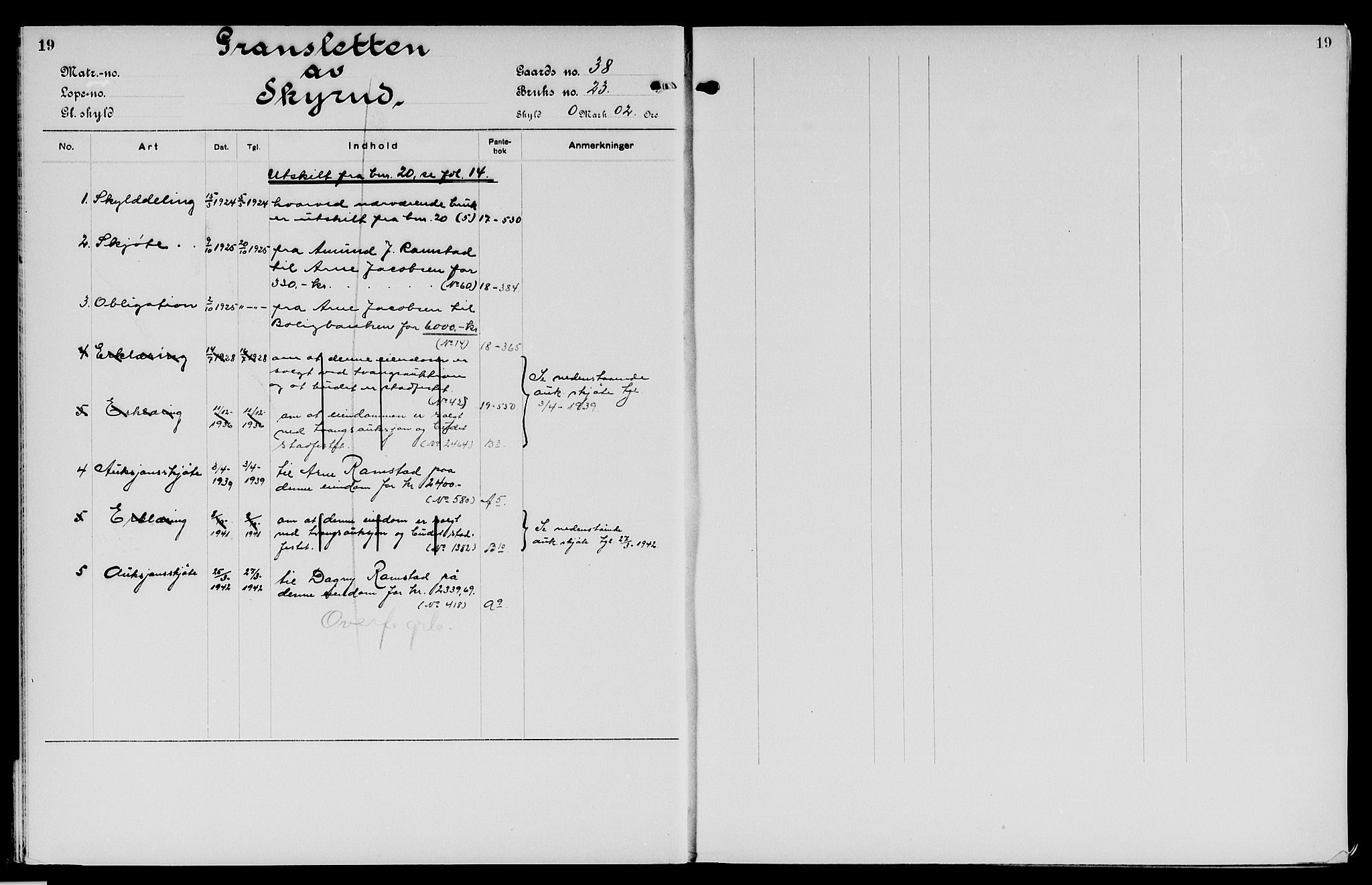 Vinger og Odal sorenskriveri, SAH/TING-022/H/Ha/Hac/Hacc/L0007: Mortgage register no. 3.7, 1923, p. 19