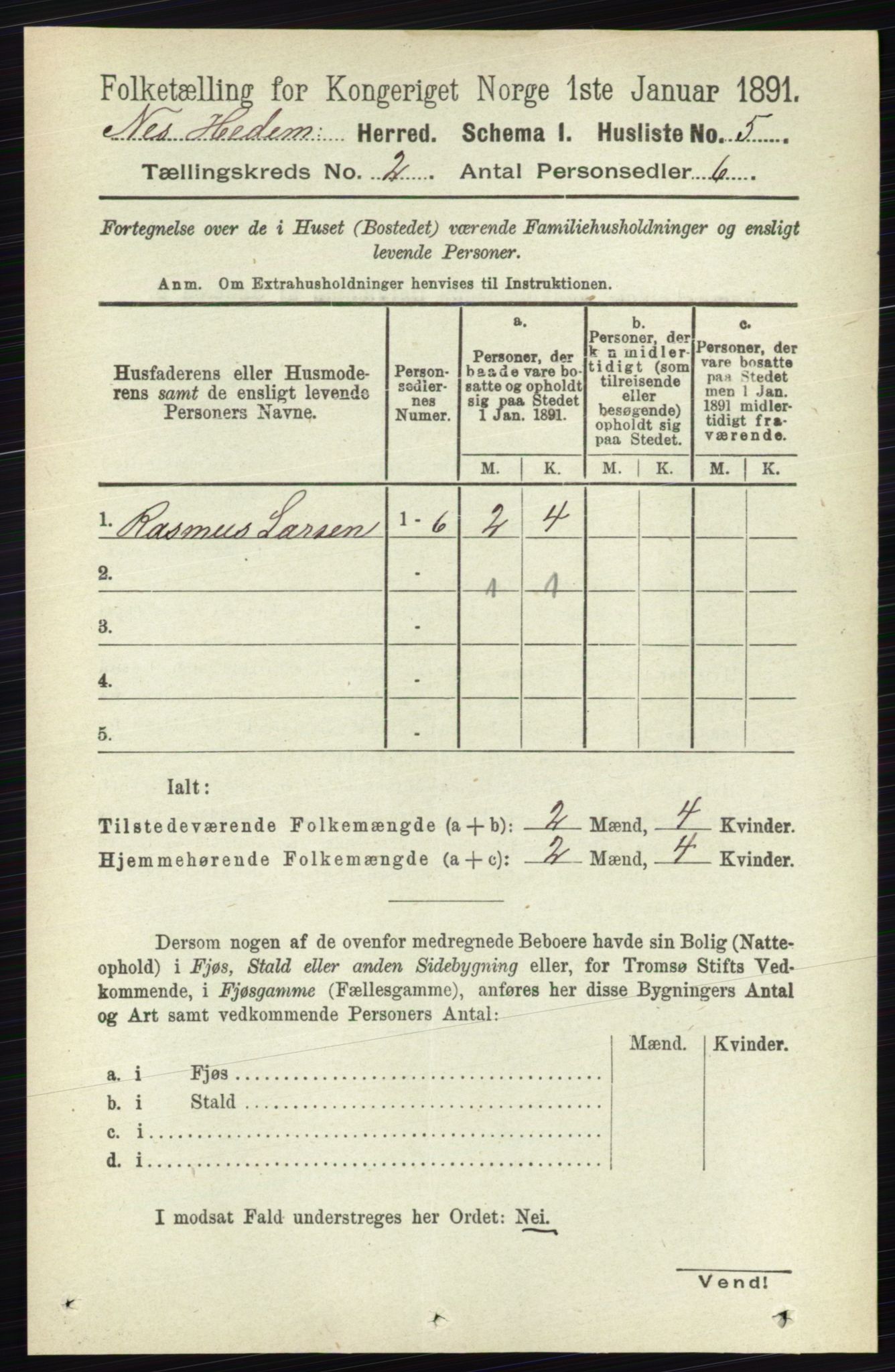 RA, 1891 census for 0411 Nes, 1891, p. 1008