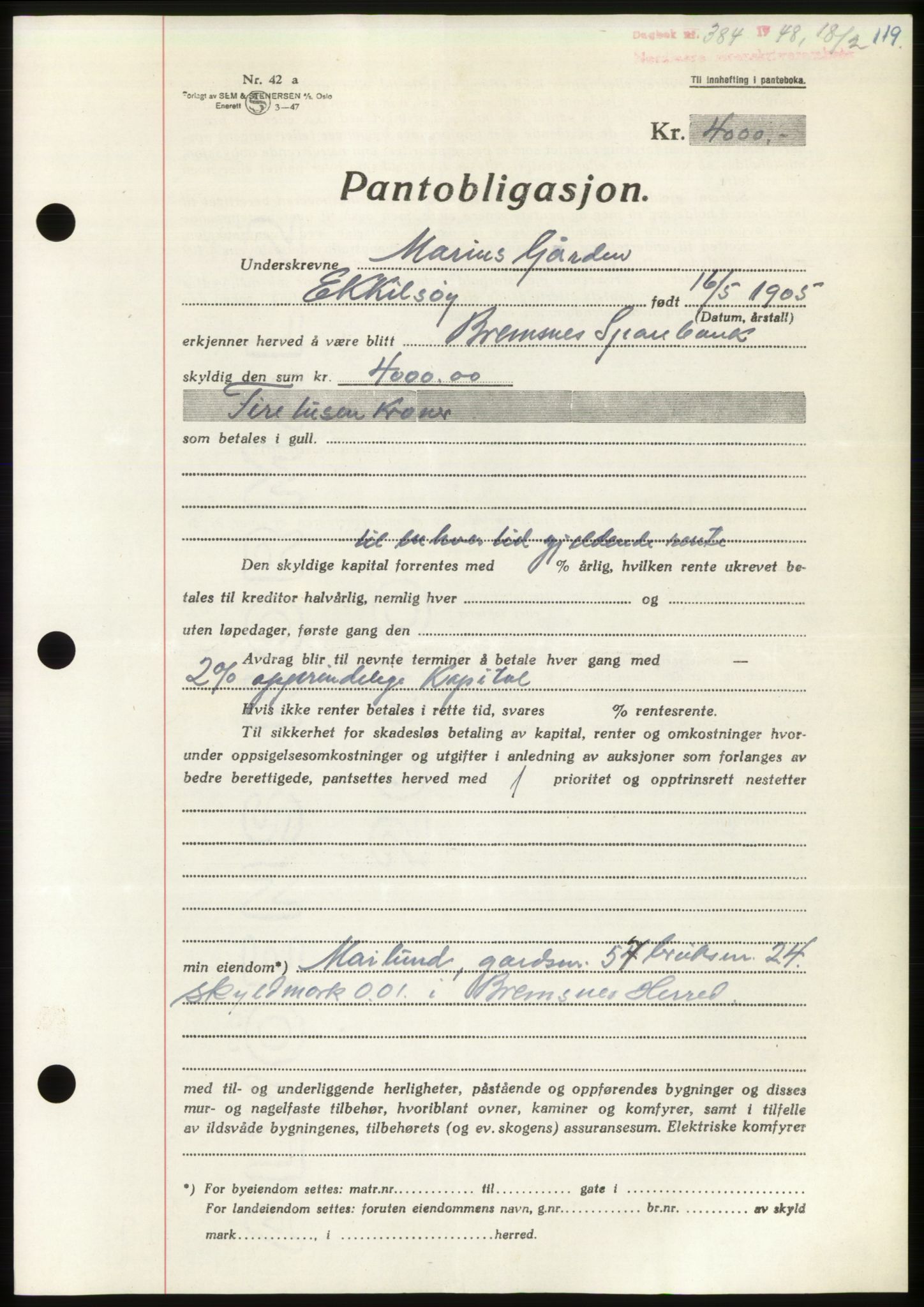 Nordmøre sorenskriveri, AV/SAT-A-4132/1/2/2Ca: Mortgage book no. B98, 1948-1948, Diary no: : 384/1948