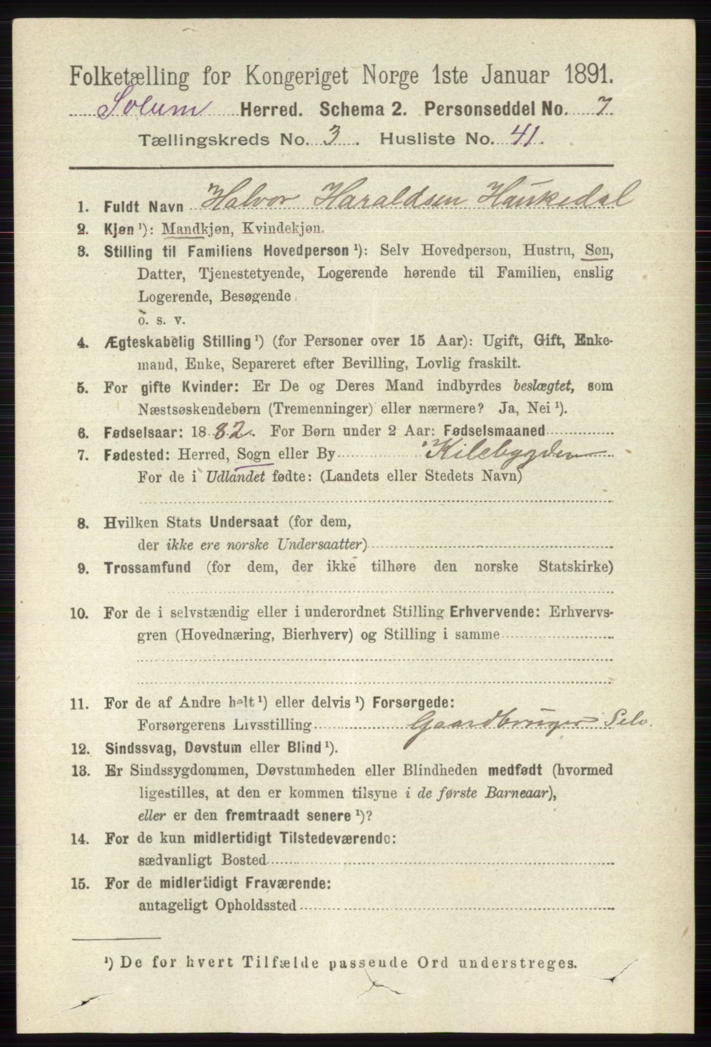 RA, 1891 census for 0818 Solum, 1891, p. 581