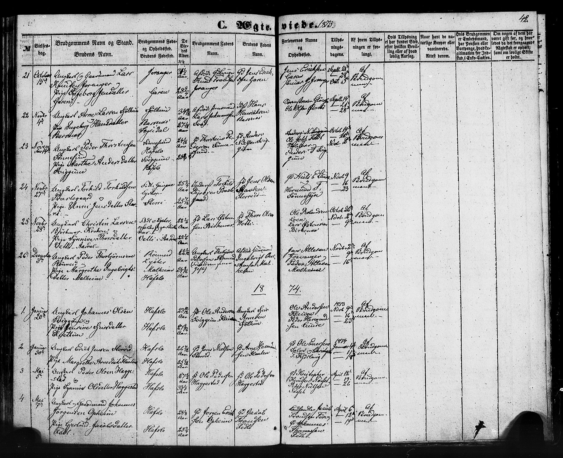 Hafslo sokneprestembete, AV/SAB-A-80301/H/Haa/Haaa/L0013: Parish register (official) no. A 13, 1854-1879, p. 42