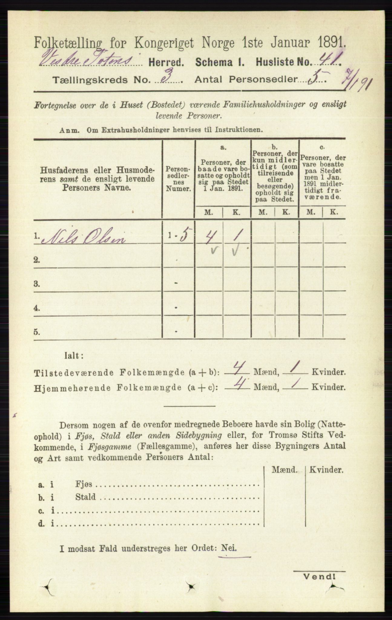 RA, 1891 census for 0529 Vestre Toten, 1891, p. 1905