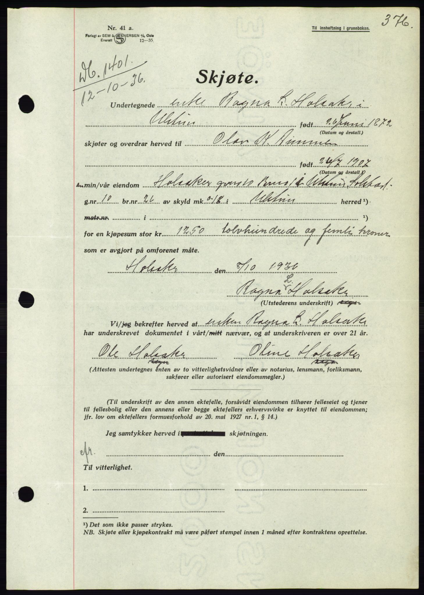 Søre Sunnmøre sorenskriveri, AV/SAT-A-4122/1/2/2C/L0061: Mortgage book no. 55, 1936-1936, Diary no: : 1401/1936