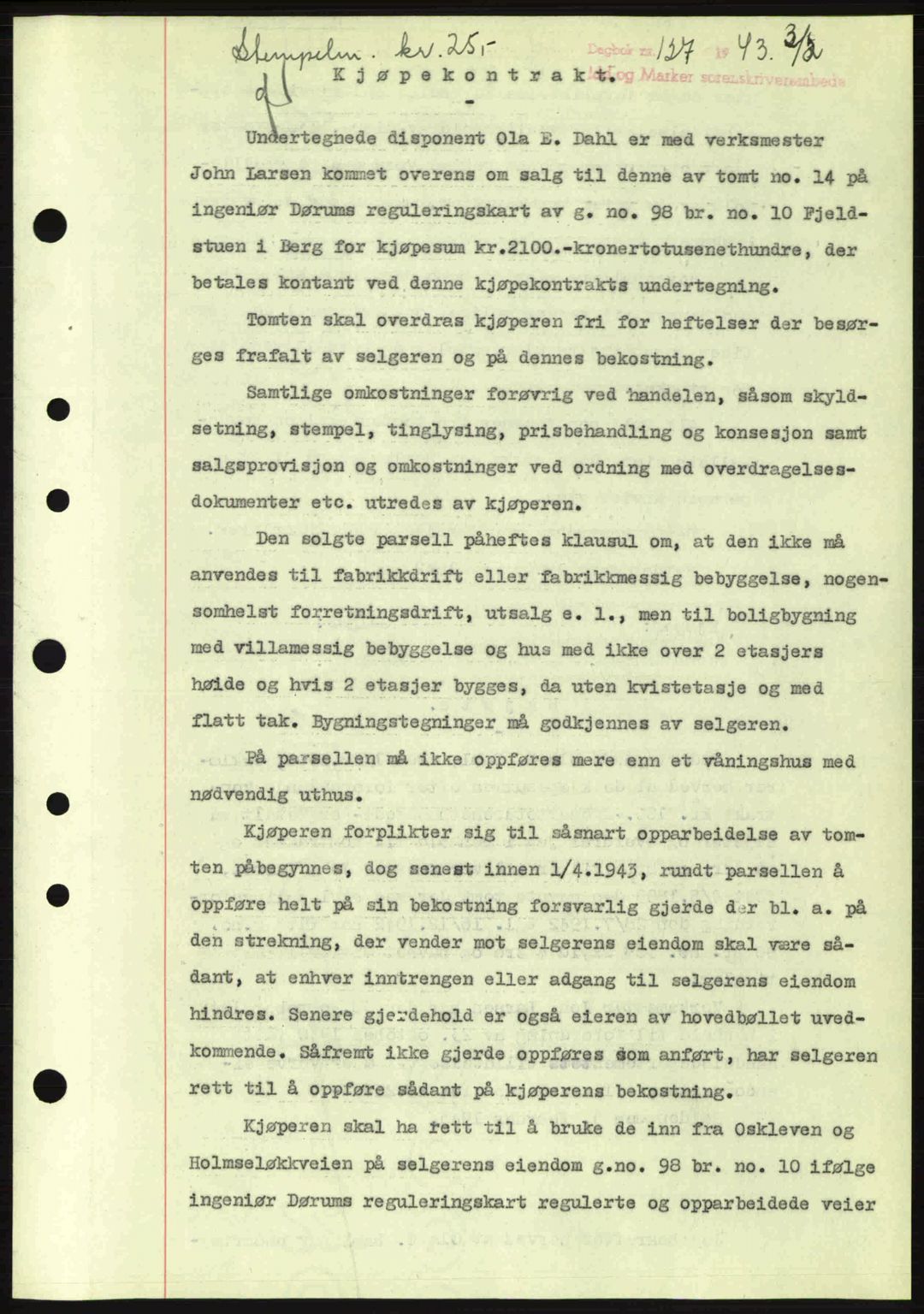 Idd og Marker sorenskriveri, AV/SAO-A-10283/G/Gb/Gbb/L0005: Mortgage book no. A5, 1941-1943, Diary no: : 127/1943