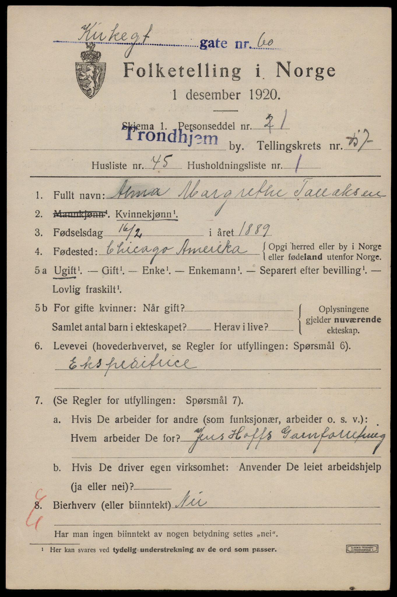 SAT, 1920 census for Trondheim, 1920, p. 117444