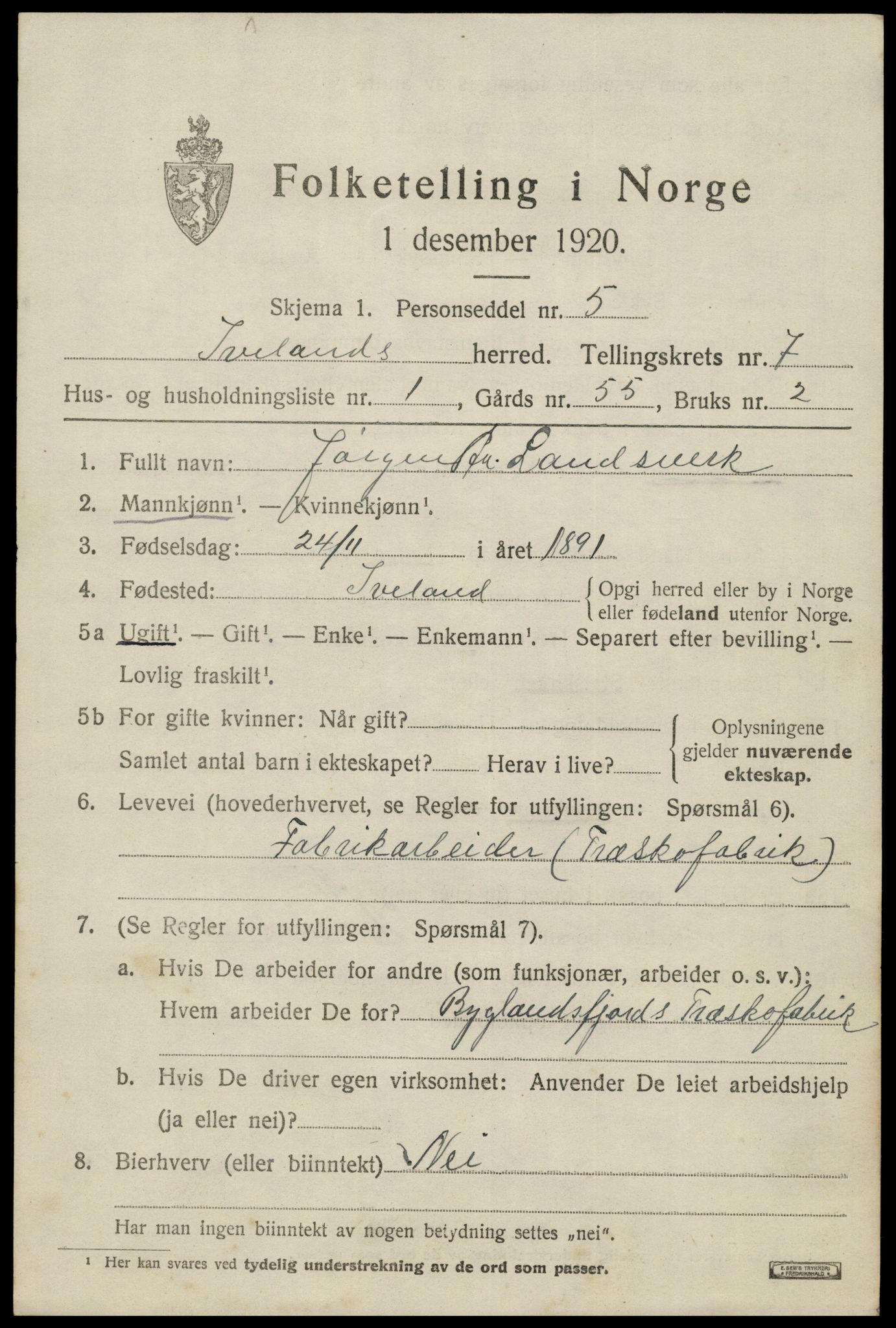 SAK, 1920 census for Iveland, 1920, p. 2131