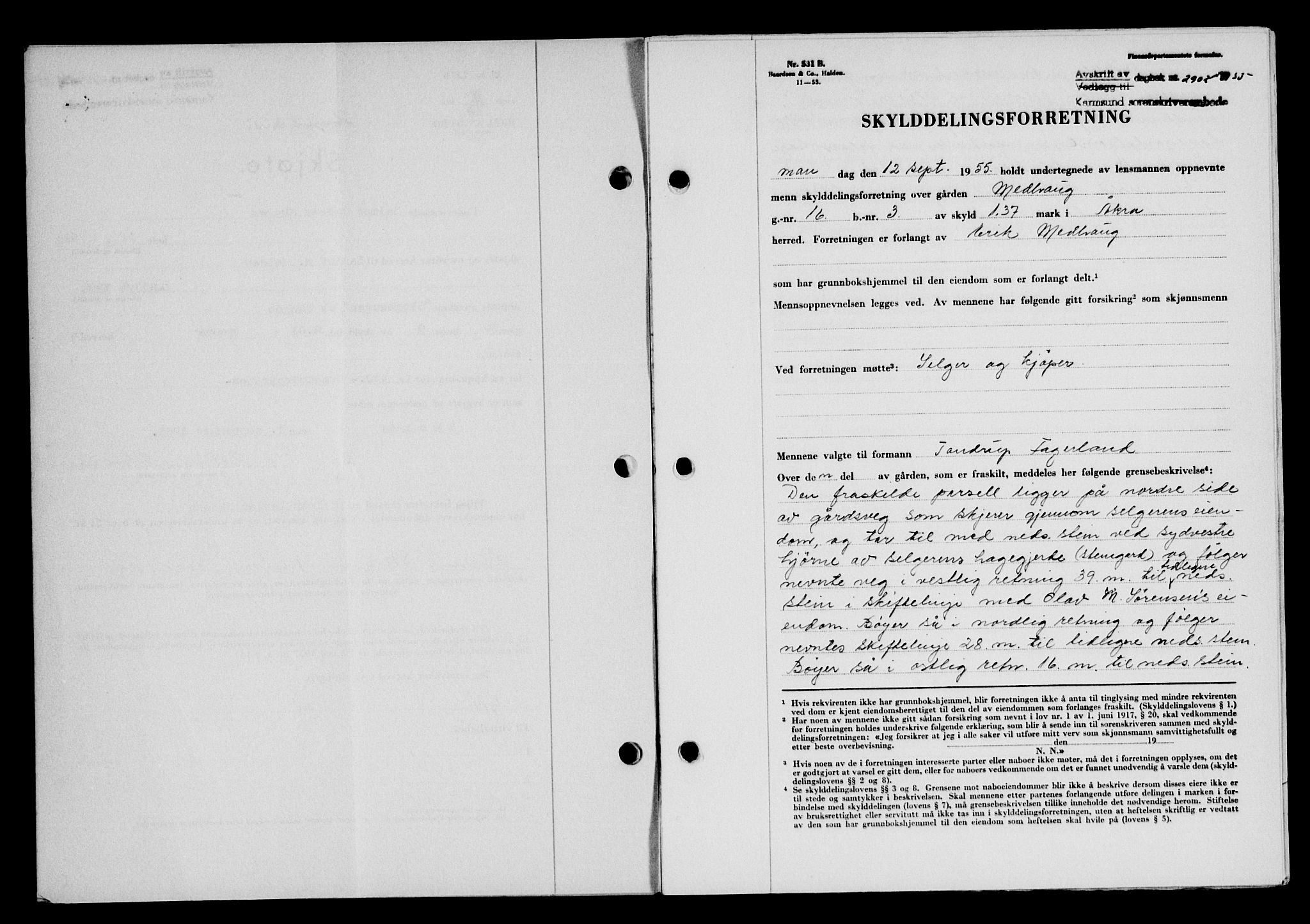 Karmsund sorenskriveri, SAST/A-100311/01/II/IIB/L0117: Mortgage book no. 97Aa, 1955-1955, Diary no: : 2902/1955