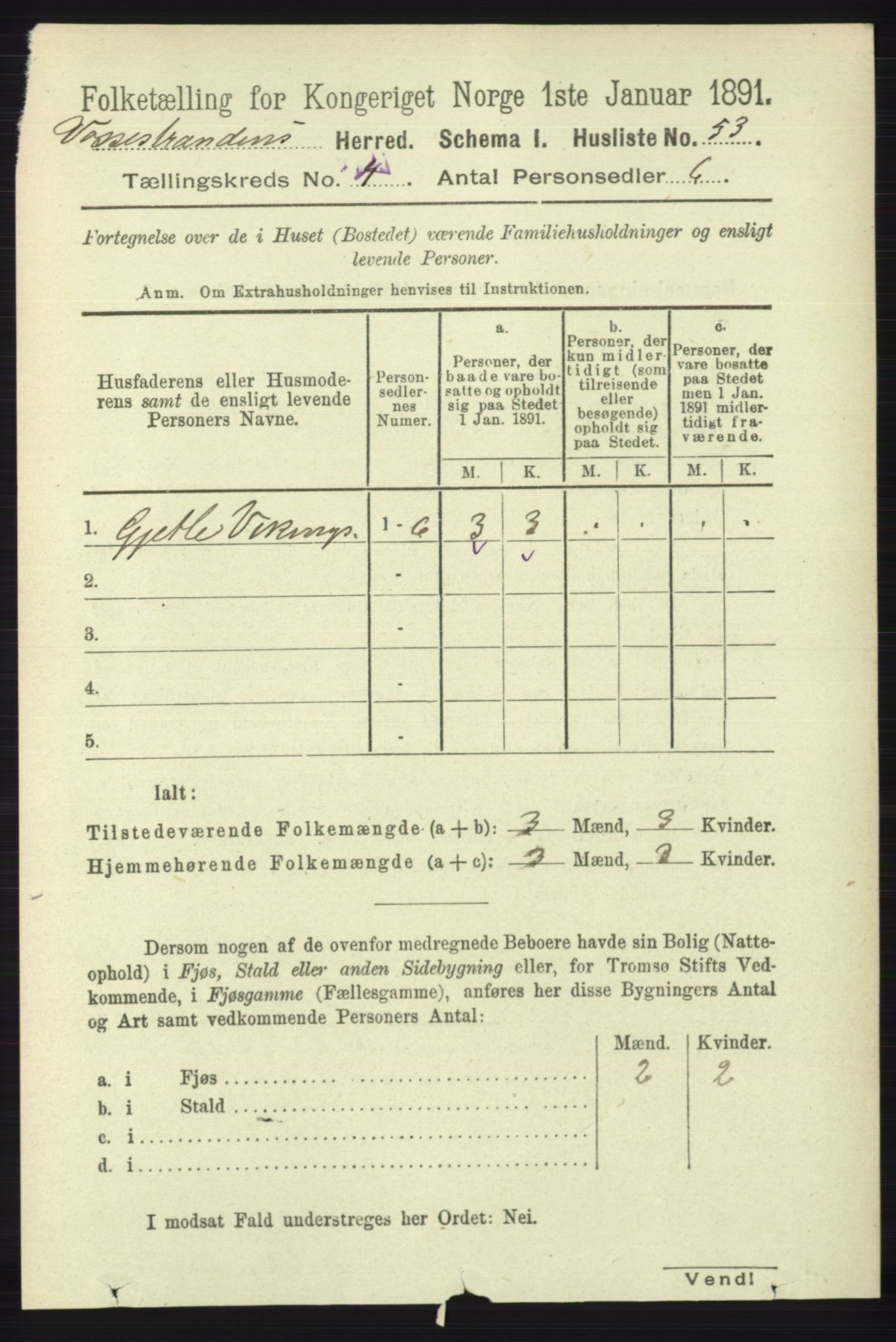 RA, 1891 census for 1236 Vossestrand, 1891, p. 1519