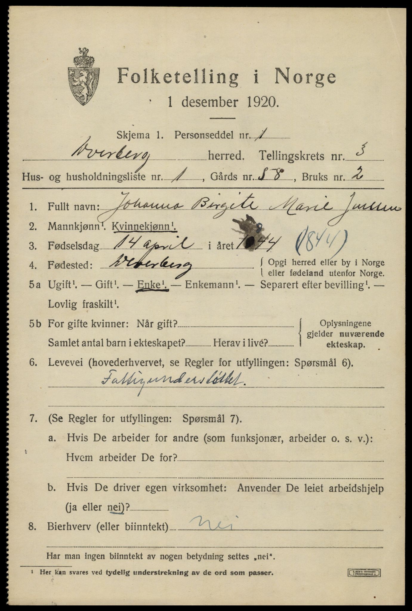 SAT, 1920 census for Dverberg, 1920, p. 3656