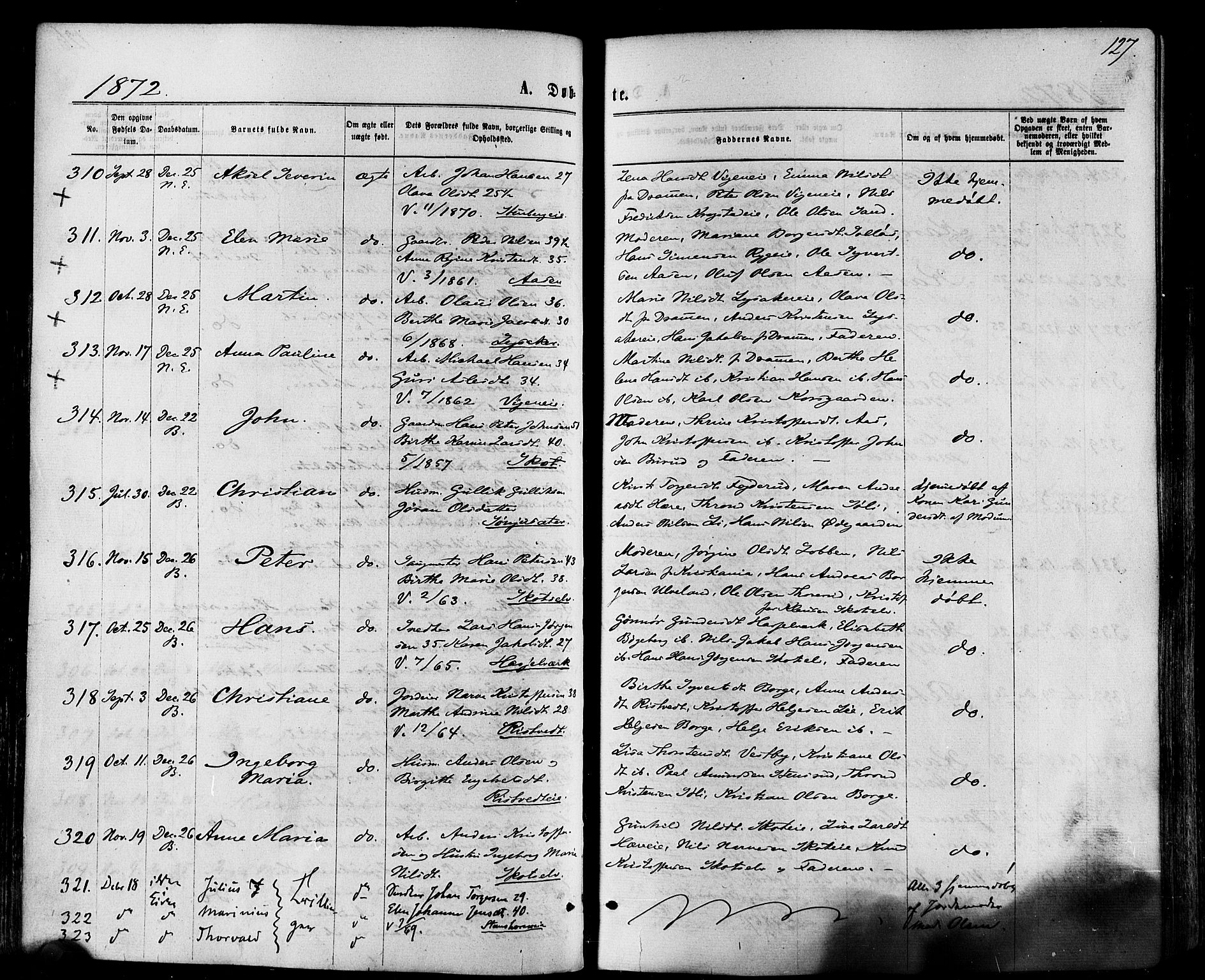 Eiker kirkebøker, SAKO/A-4/F/Fa/L0017: Parish register (official) no. I 17, 1869-1877, p. 127