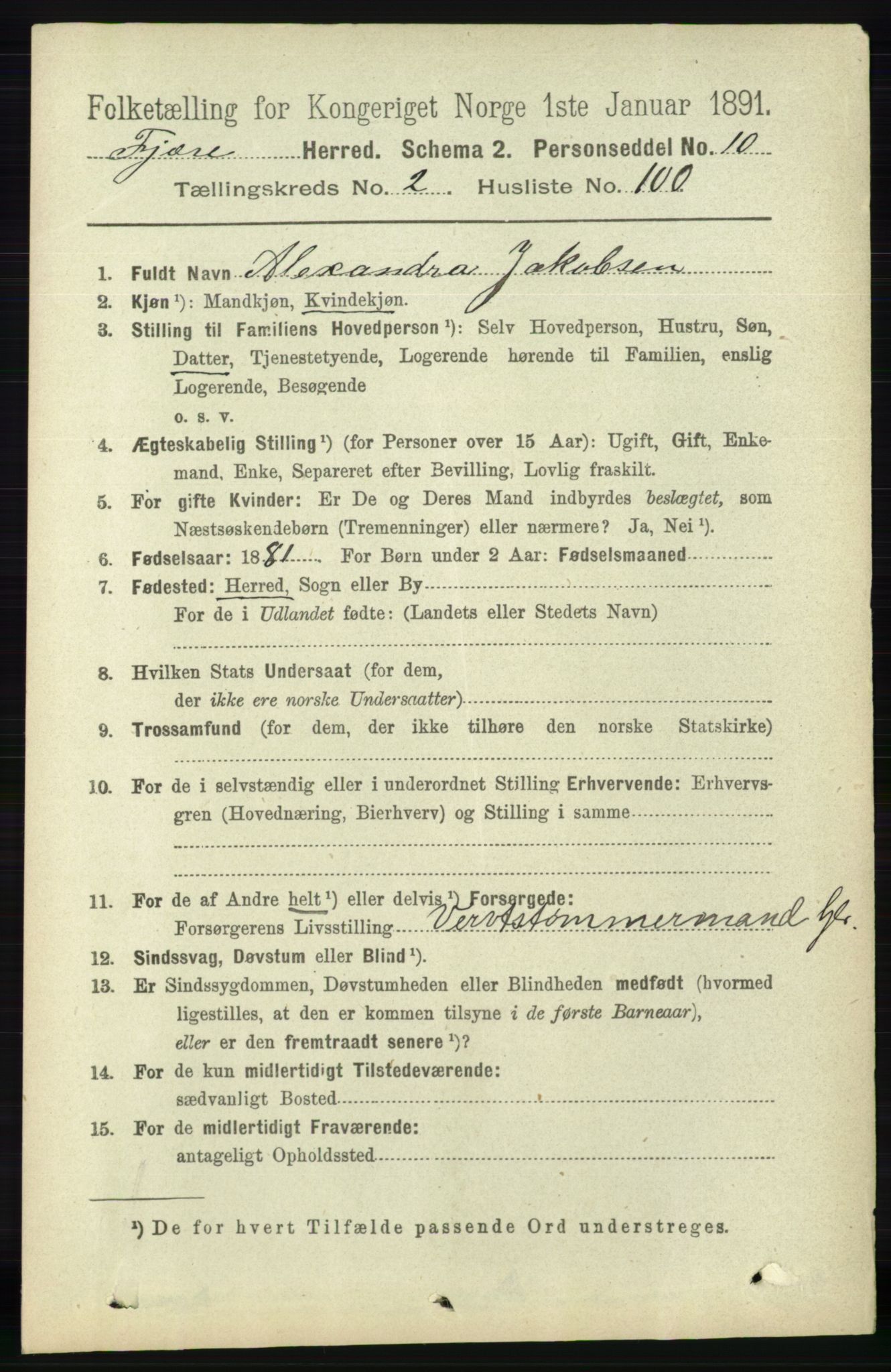 RA, 1891 census for 0923 Fjære, 1891, p. 1306