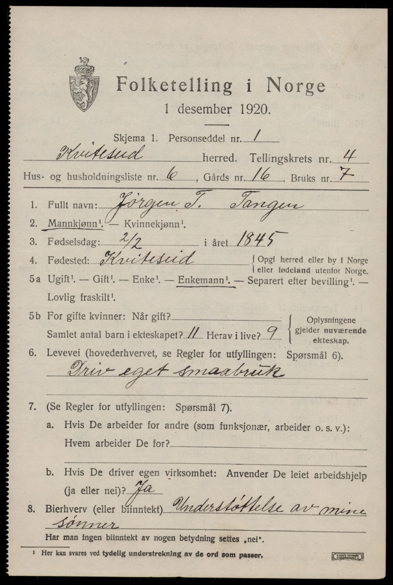 SAKO, 1920 census for Kviteseid, 1920, p. 2661