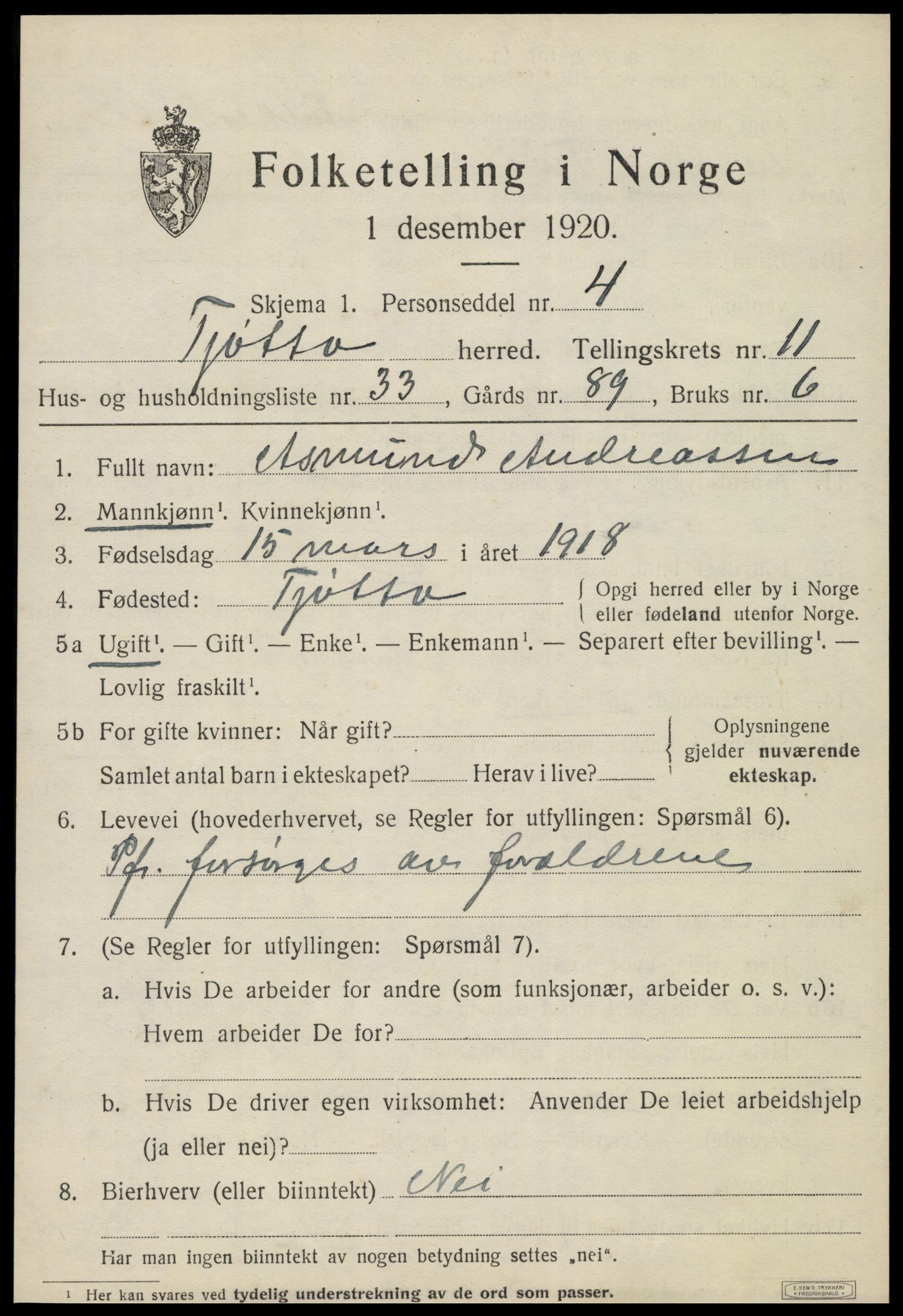 SAT, 1920 census for Tjøtta, 1920, p. 4703