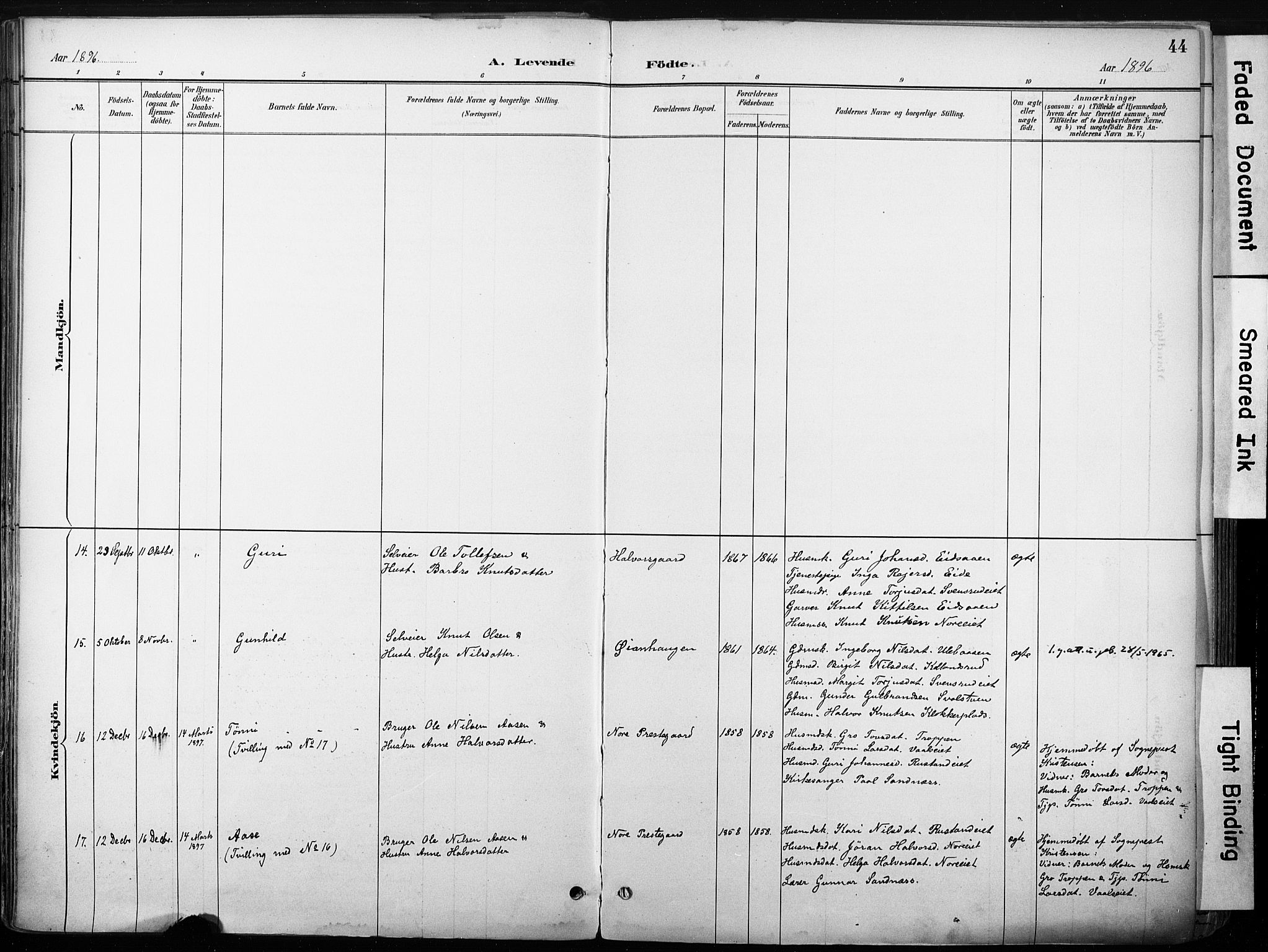 Nore kirkebøker, SAKO/A-238/F/Fb/L0002: Parish register (official) no. II 2, 1886-1906, p. 44