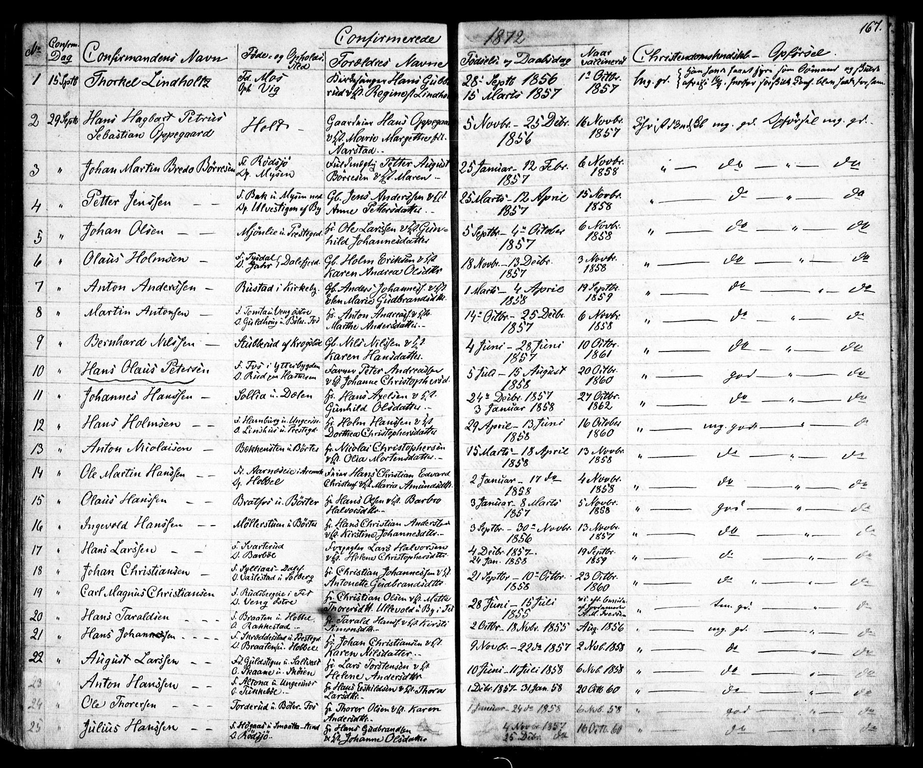 Enebakk prestekontor Kirkebøker, SAO/A-10171c/F/Fa/L0010: Parish register (official) no. I 10, 1829-1876, p. 167