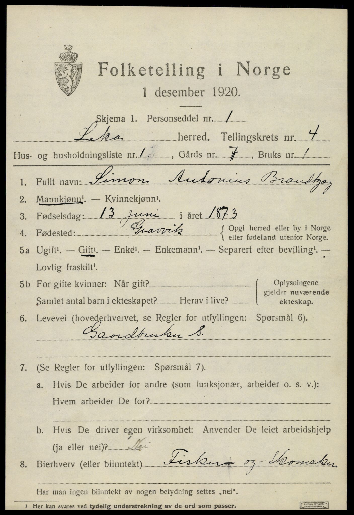 SAT, 1920 census for Leka, 1920, p. 1585