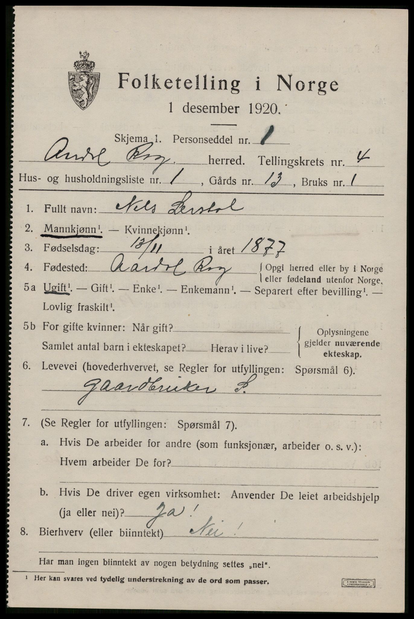 SAST, 1920 census for Årdal, 1920, p. 1174