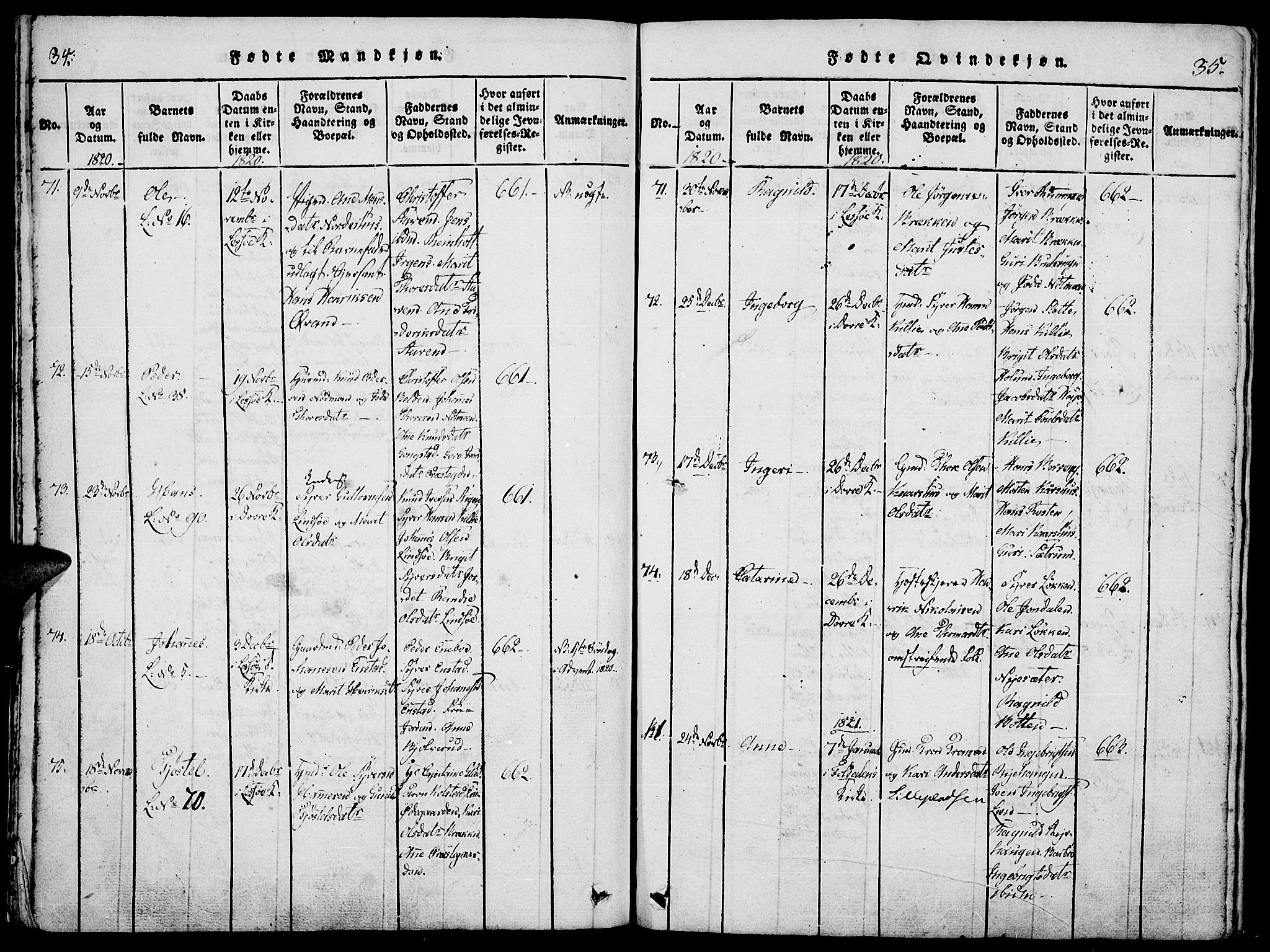 Lesja prestekontor, SAH/PREST-068/H/Ha/Haa/L0004: Parish register (official) no. 4, 1820-1829, p. 34-35