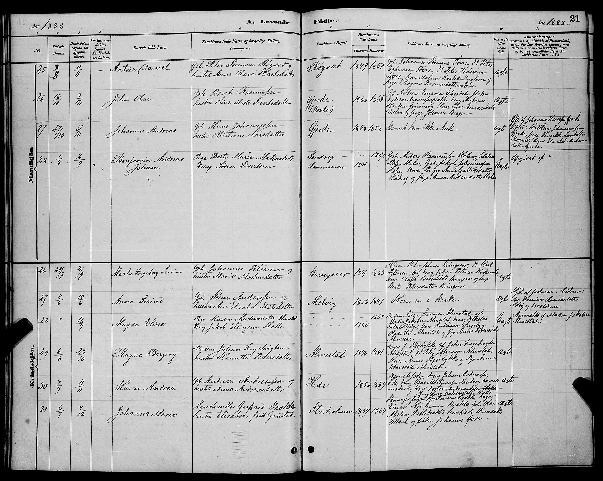 Ministerialprotokoller, klokkerbøker og fødselsregistre - Møre og Romsdal, AV/SAT-A-1454/503/L0048: Parish register (copy) no. 503C03, 1885-1893, p. 21