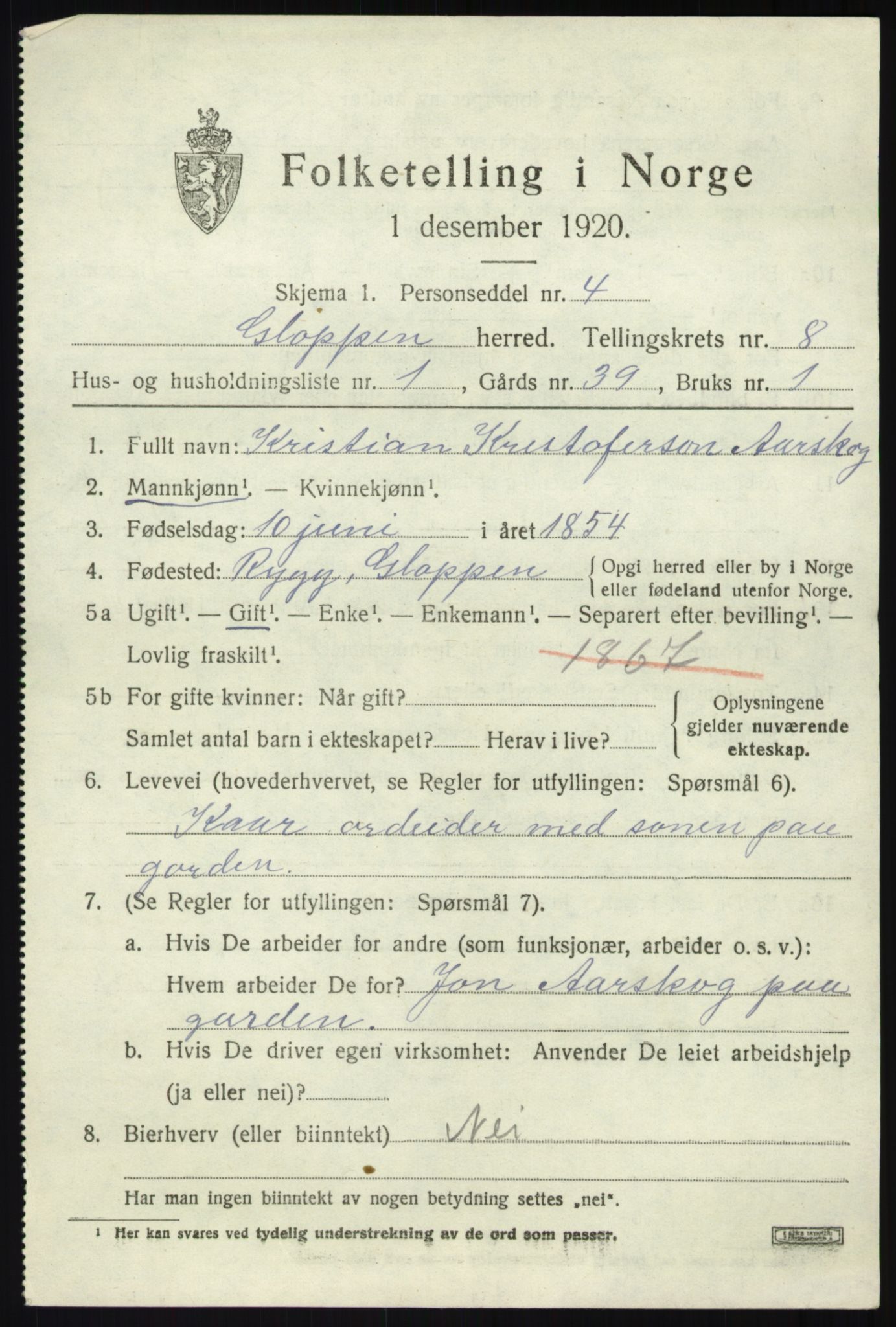 SAB, 1920 census for Gloppen, 1920, p. 4558