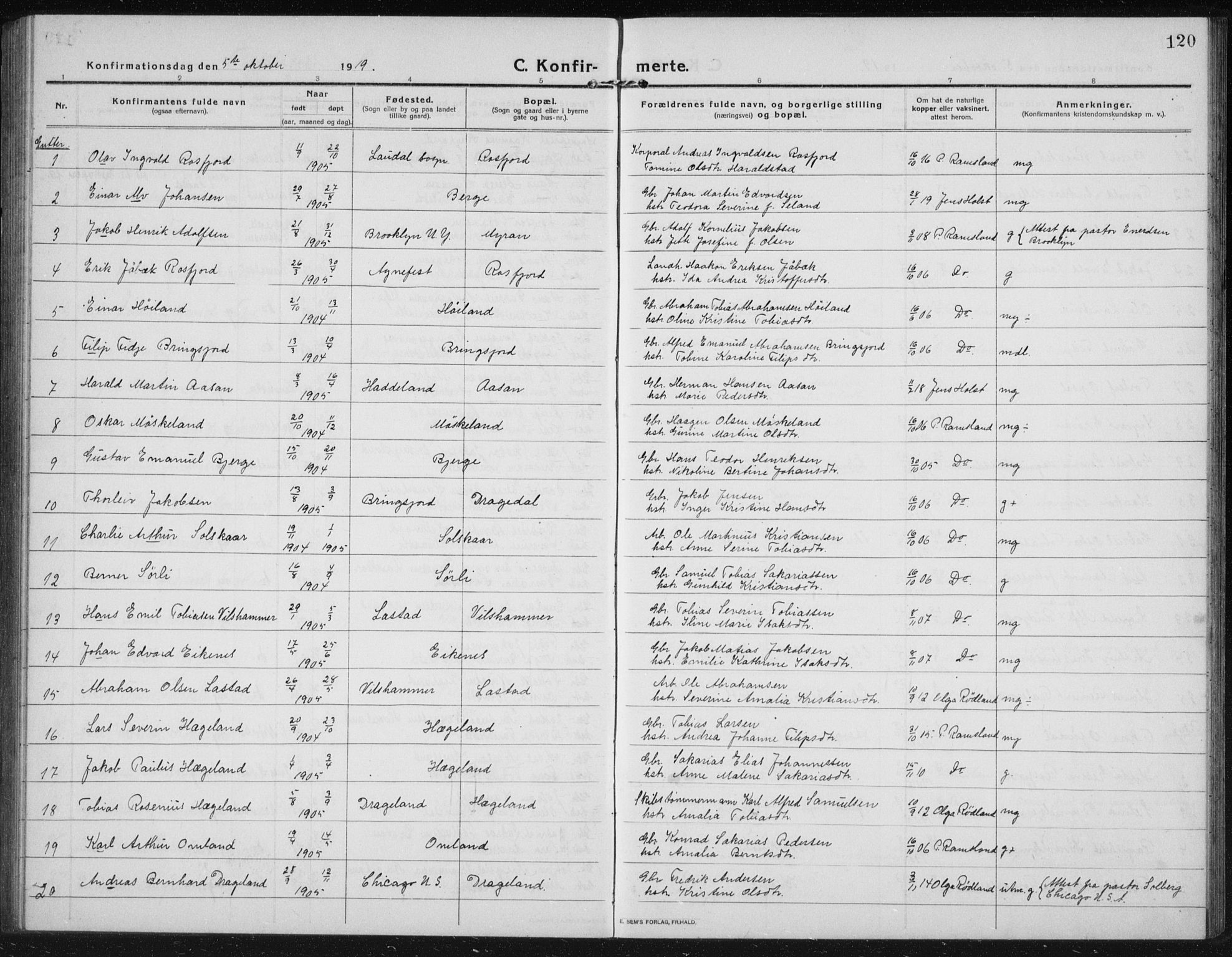 Lyngdal sokneprestkontor, AV/SAK-1111-0029/F/Fb/Fbc/L0006: Parish register (copy) no. B 6, 1914-1934, p. 120