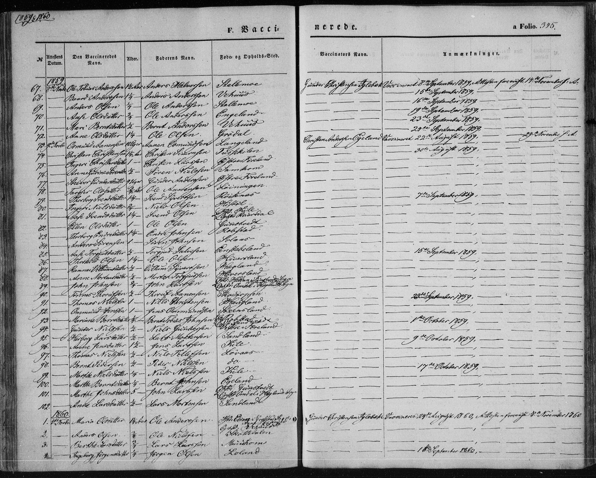 Vennesla sokneprestkontor, AV/SAK-1111-0045/Fa/Fac/L0007: Parish register (official) no. A 7, 1855-1873, p. 345