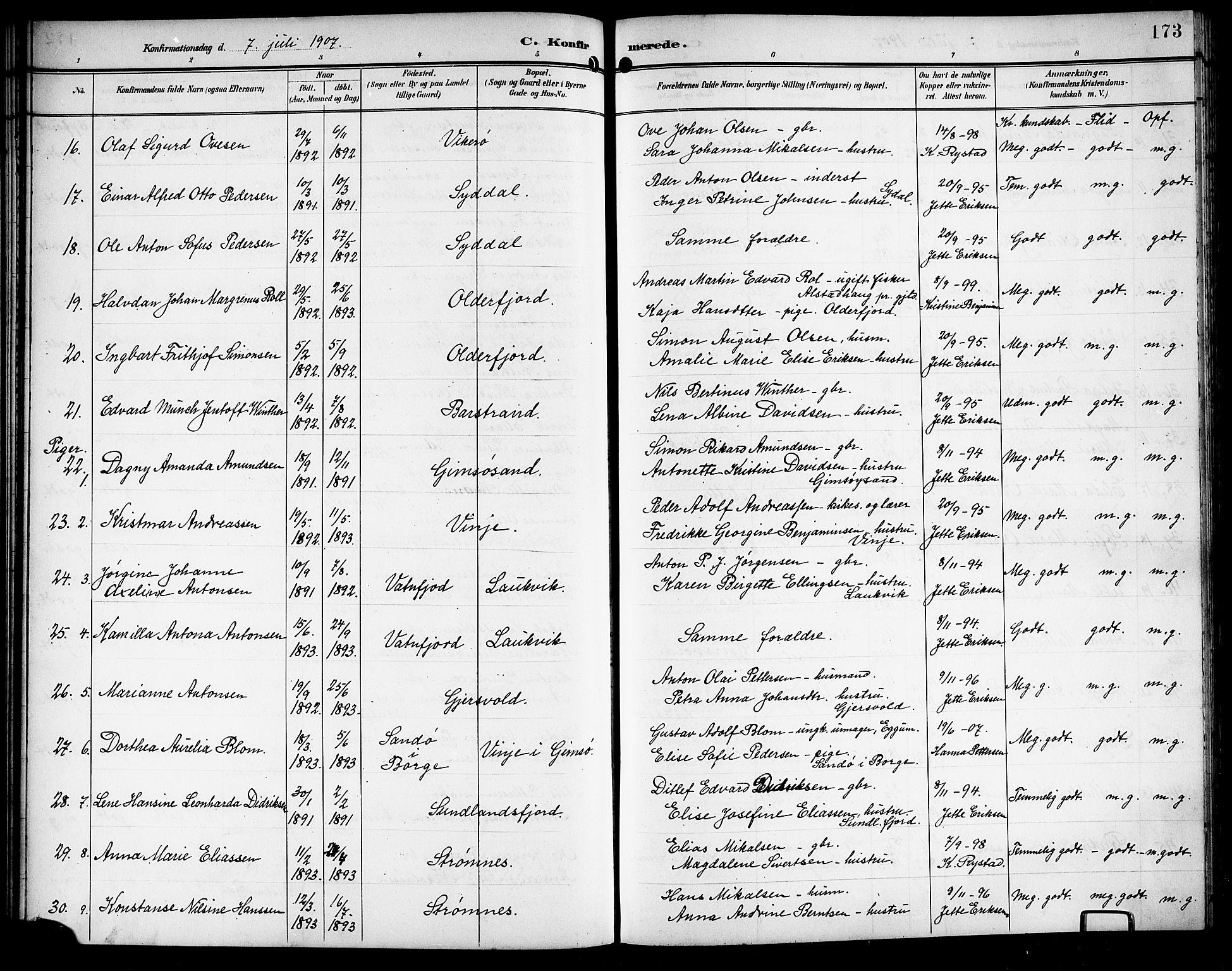 Ministerialprotokoller, klokkerbøker og fødselsregistre - Nordland, AV/SAT-A-1459/876/L1105: Parish register (copy) no. 876C04, 1896-1914, p. 173