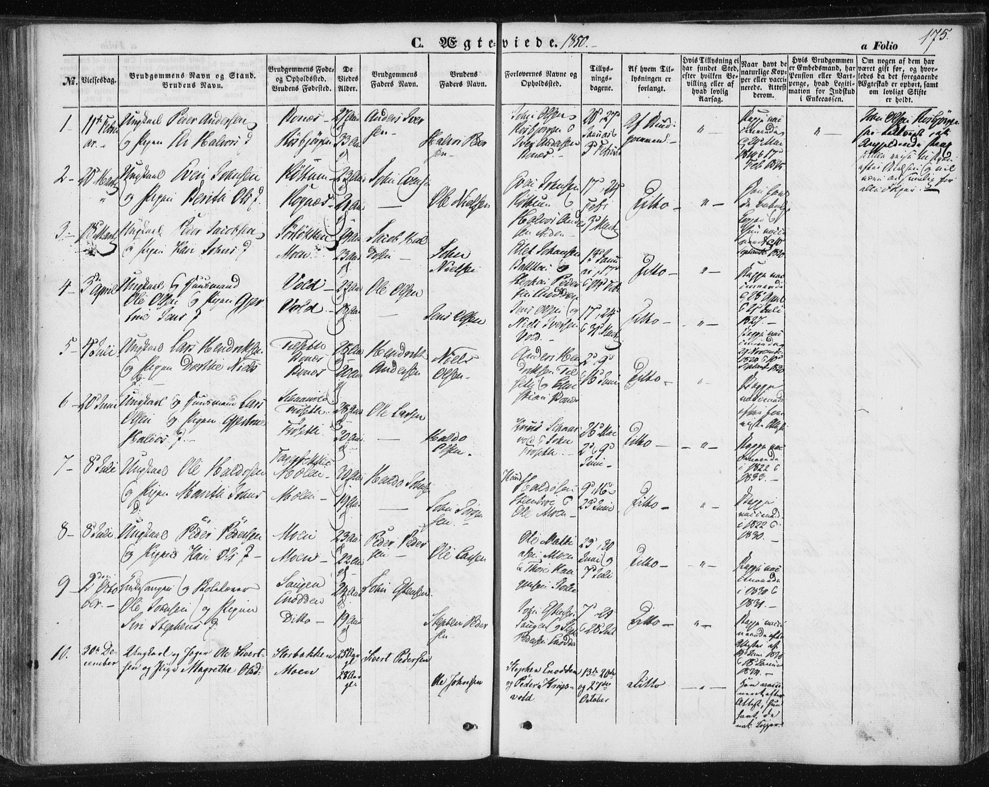 Ministerialprotokoller, klokkerbøker og fødselsregistre - Sør-Trøndelag, SAT/A-1456/687/L1000: Parish register (official) no. 687A06, 1848-1869, p. 175
