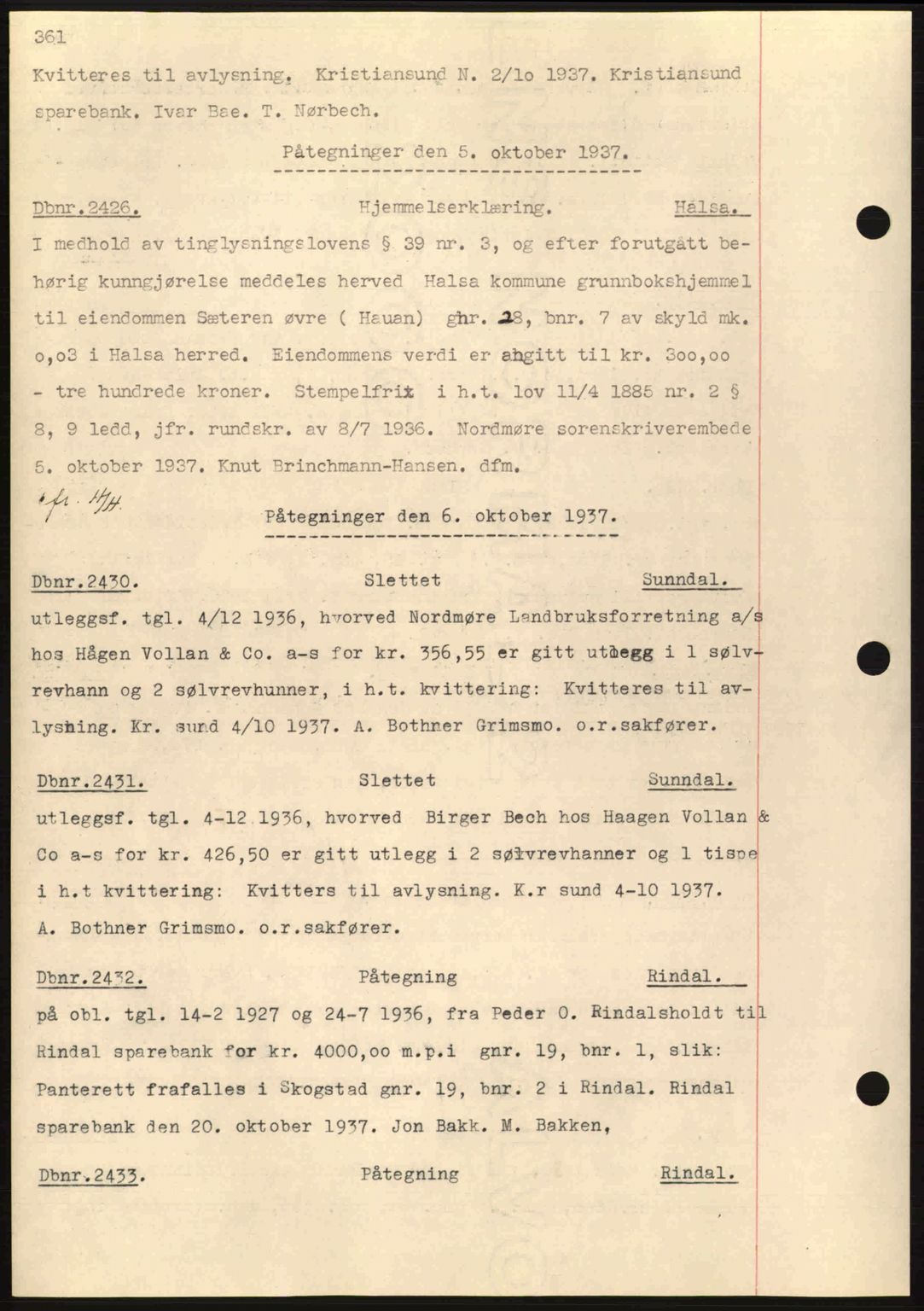 Nordmøre sorenskriveri, AV/SAT-A-4132/1/2/2Ca: Mortgage book no. C80, 1936-1939, Diary no: : 2426/1937