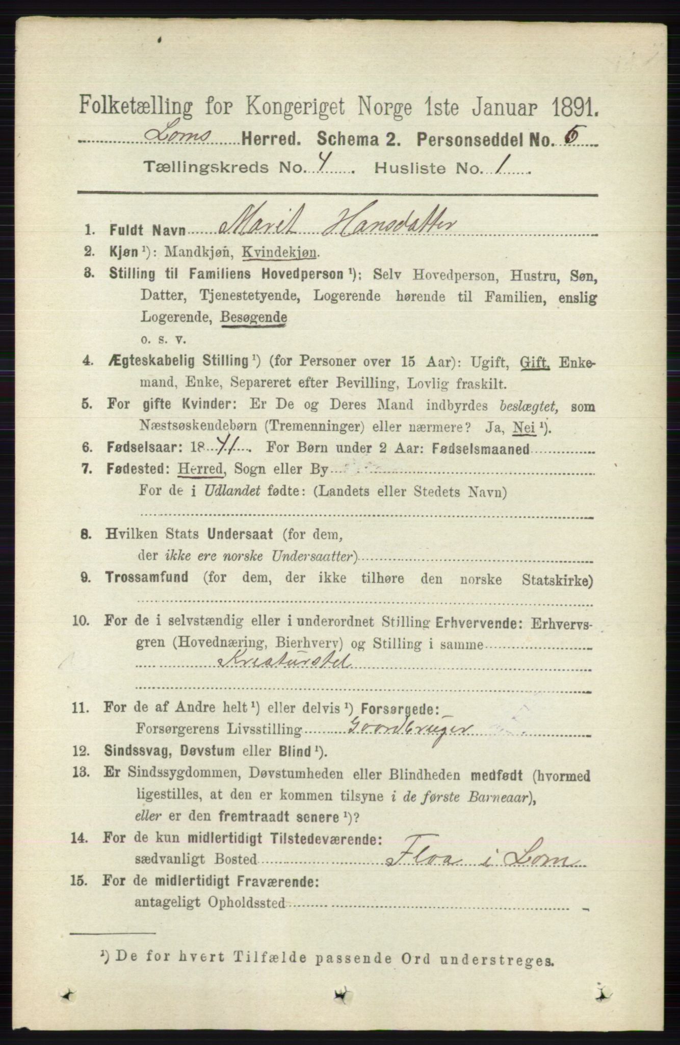 RA, 1891 census for 0514 Lom, 1891, p. 1509