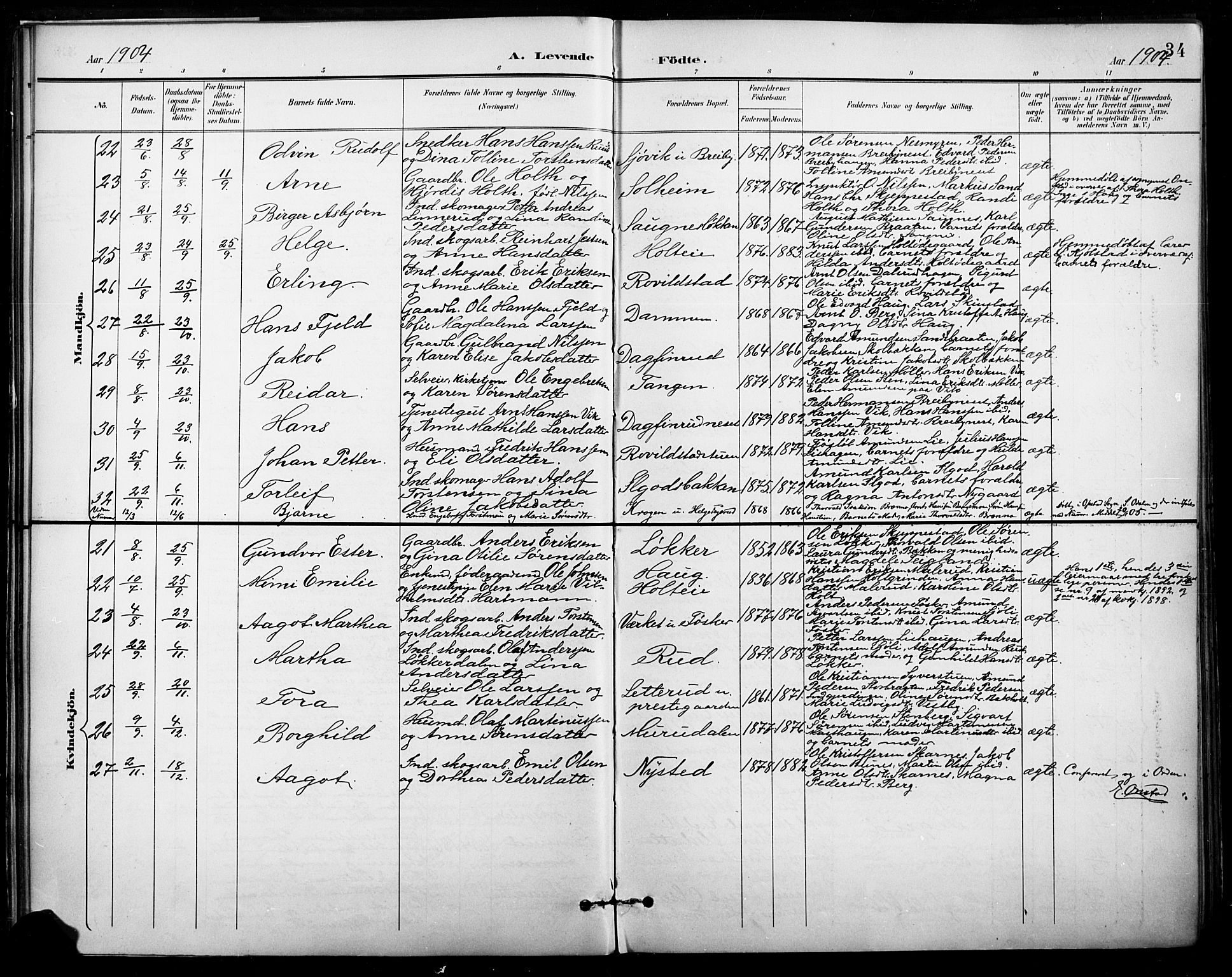 Nord-Odal prestekontor, AV/SAH-PREST-032/H/Ha/Hab/L0003: Parish register (copy) no. 3, 1895-1923, p. 34