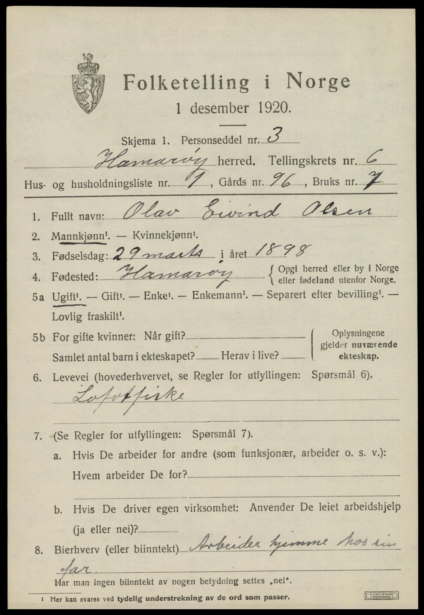 SAT, 1920 census for Hamarøy, 1920, p. 2946