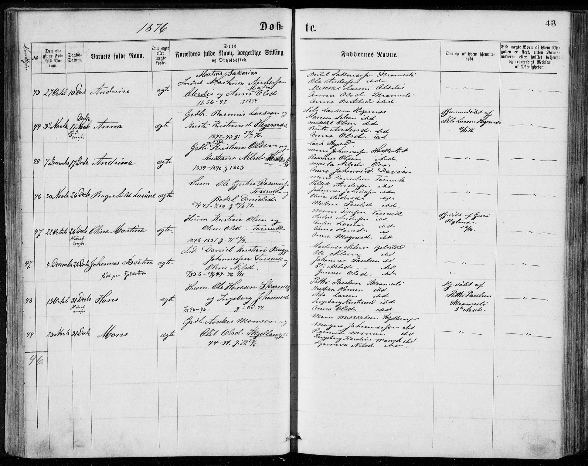 Herdla Sokneprestembete, AV/SAB-A-75701/H/Haa: Parish register (official) no. A 2, 1869-1877, p. 43