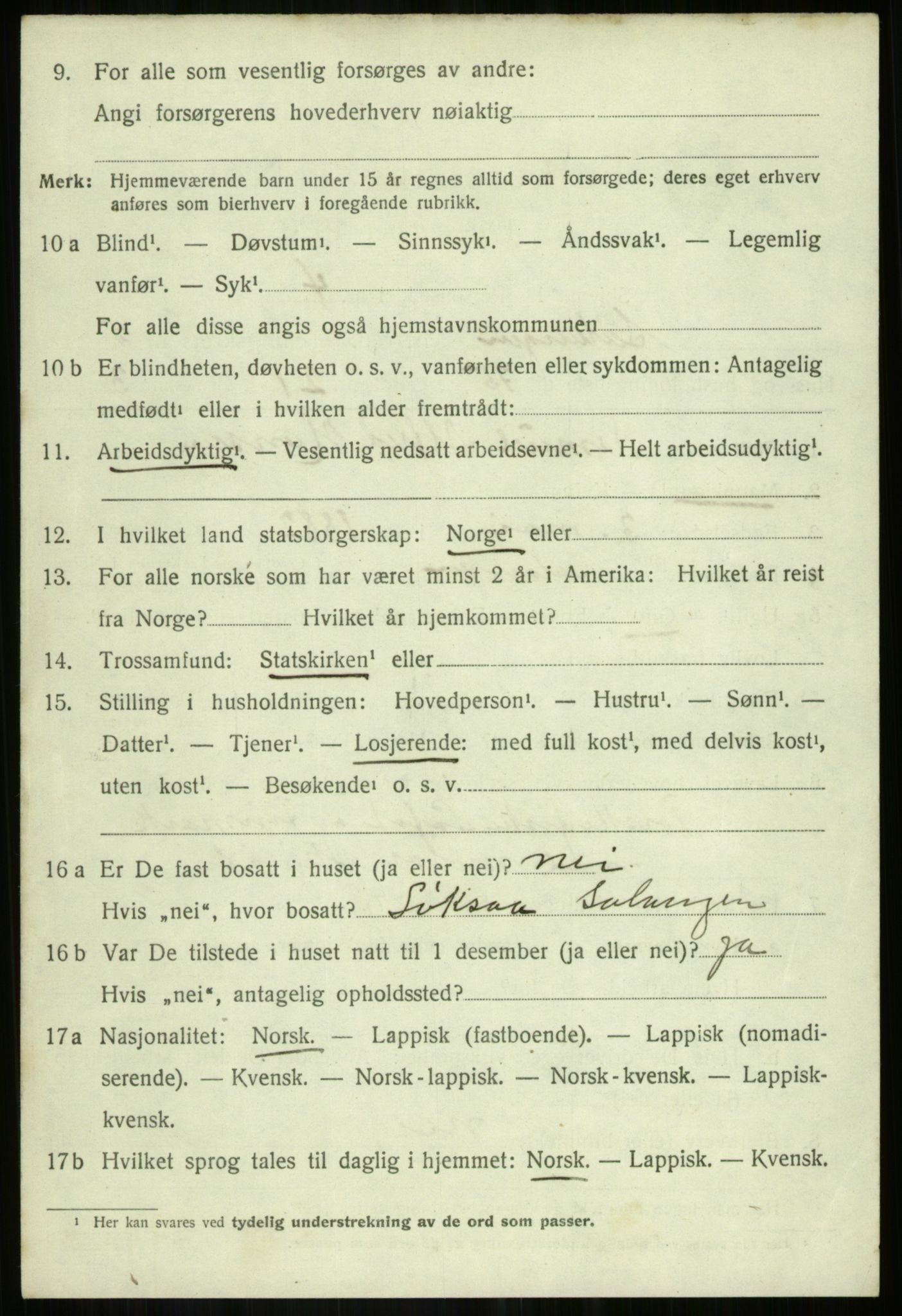 SATØ, 1920 census for Salangen, 1920, p. 4263