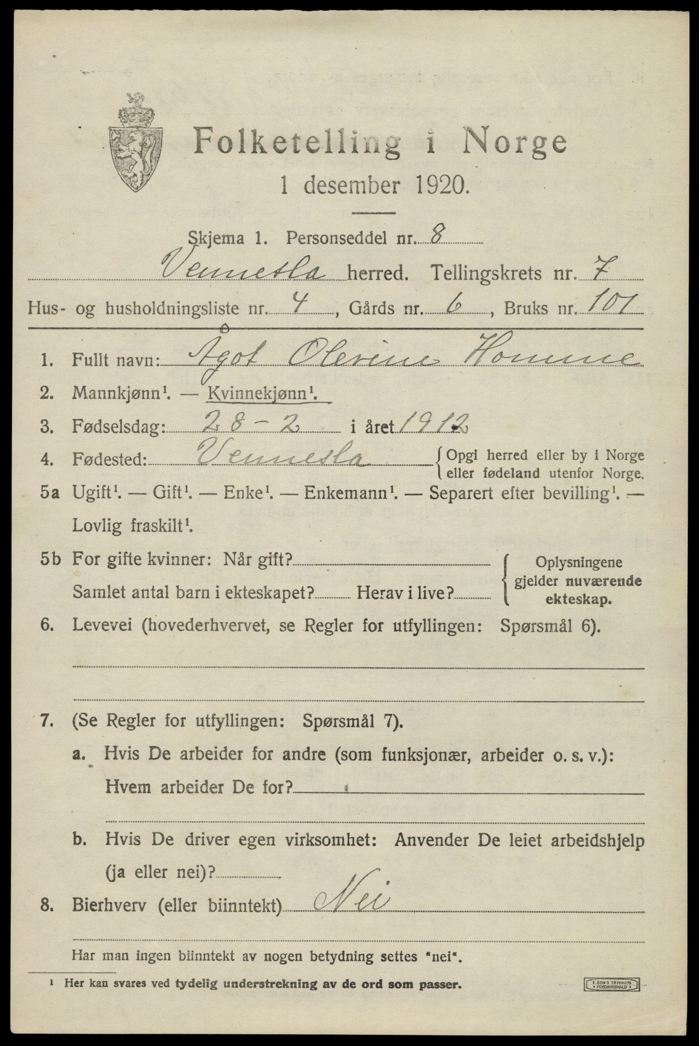 SAK, 1920 census for Vennesla, 1920, p. 4790