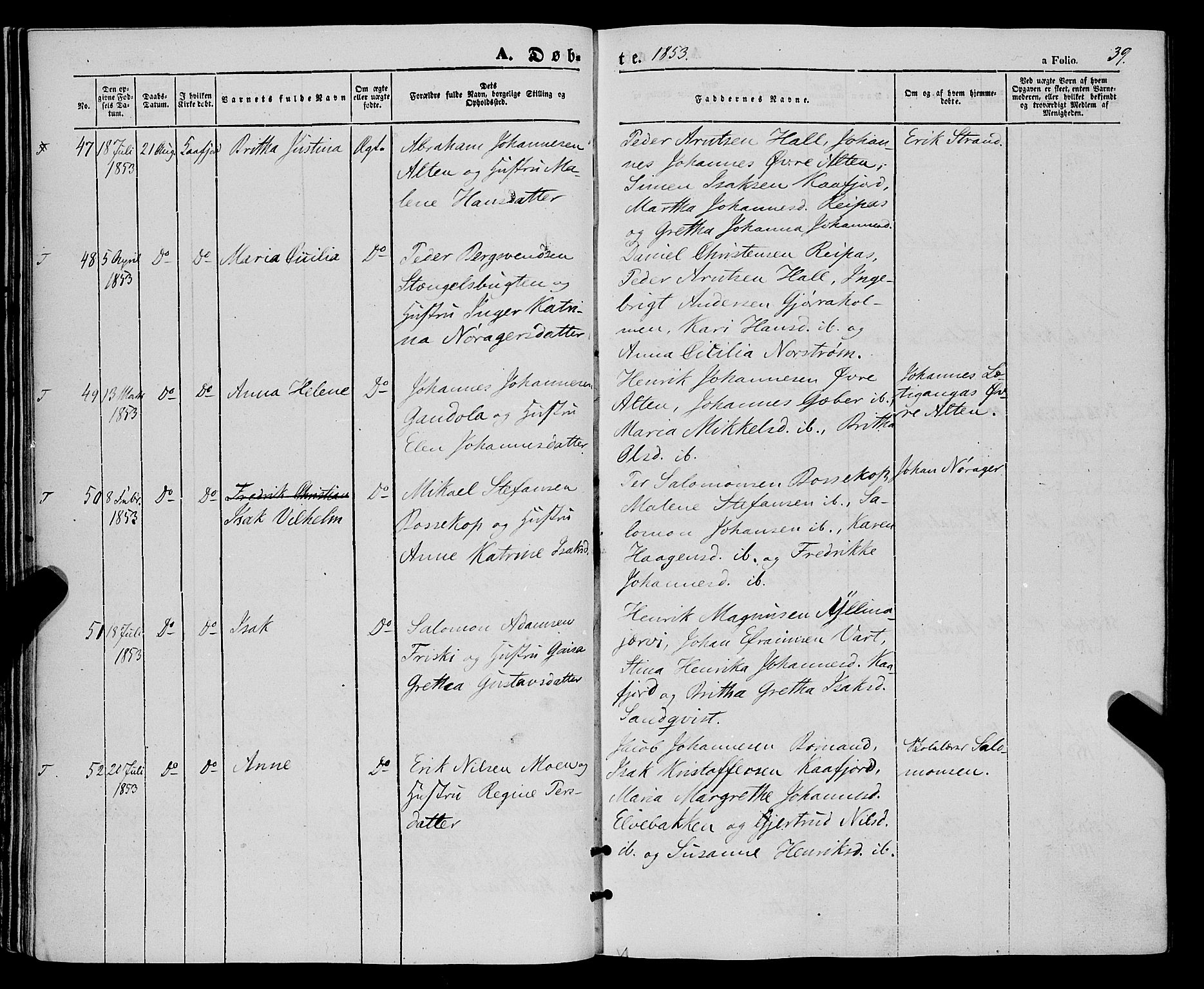 Talvik sokneprestkontor, SATØ/S-1337/H/Ha/L0016kirke: Parish register (official) no. 16, 1847-1857, p. 39