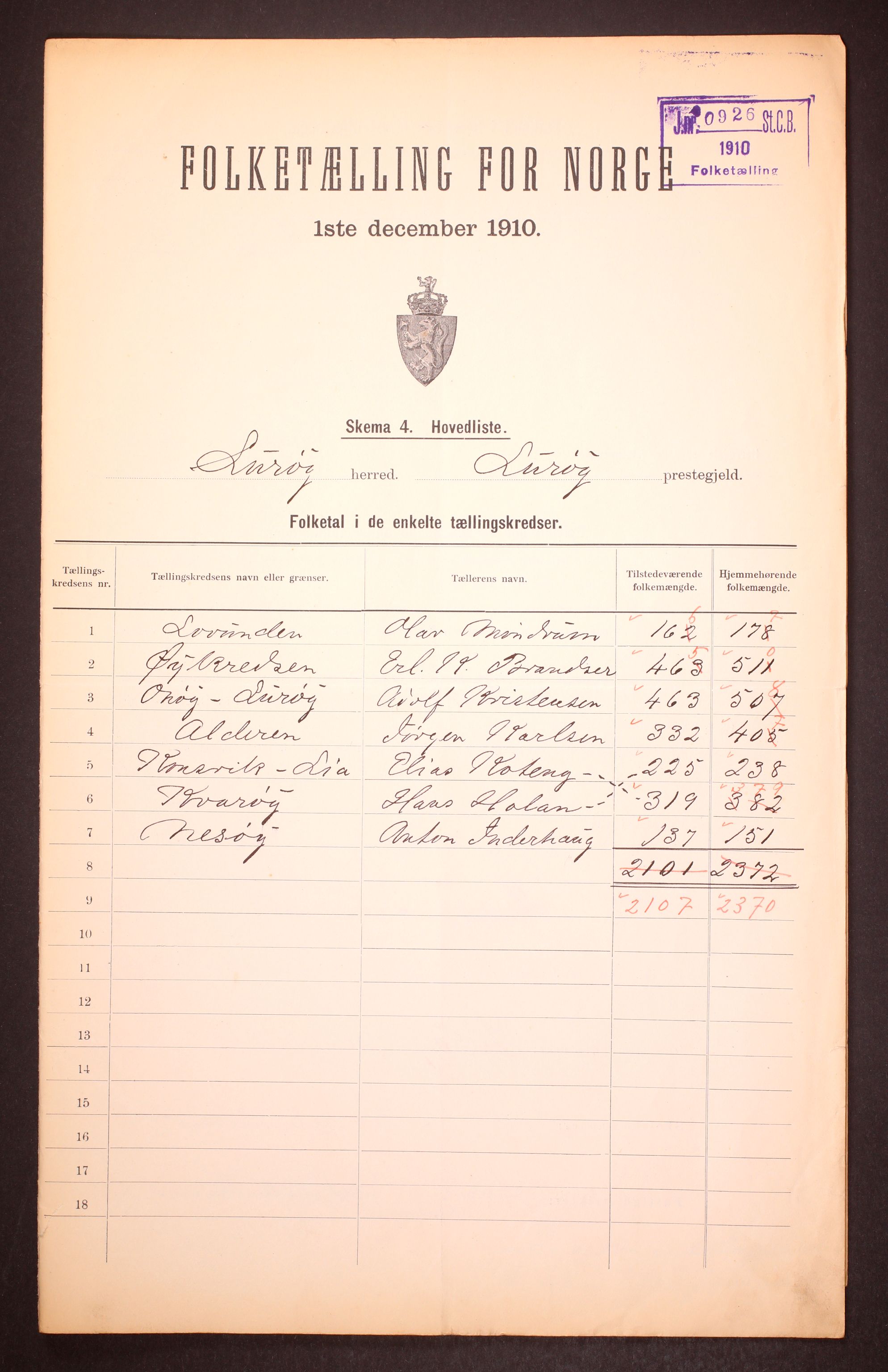 RA, 1910 census for Lurøy, 1910, p. 2