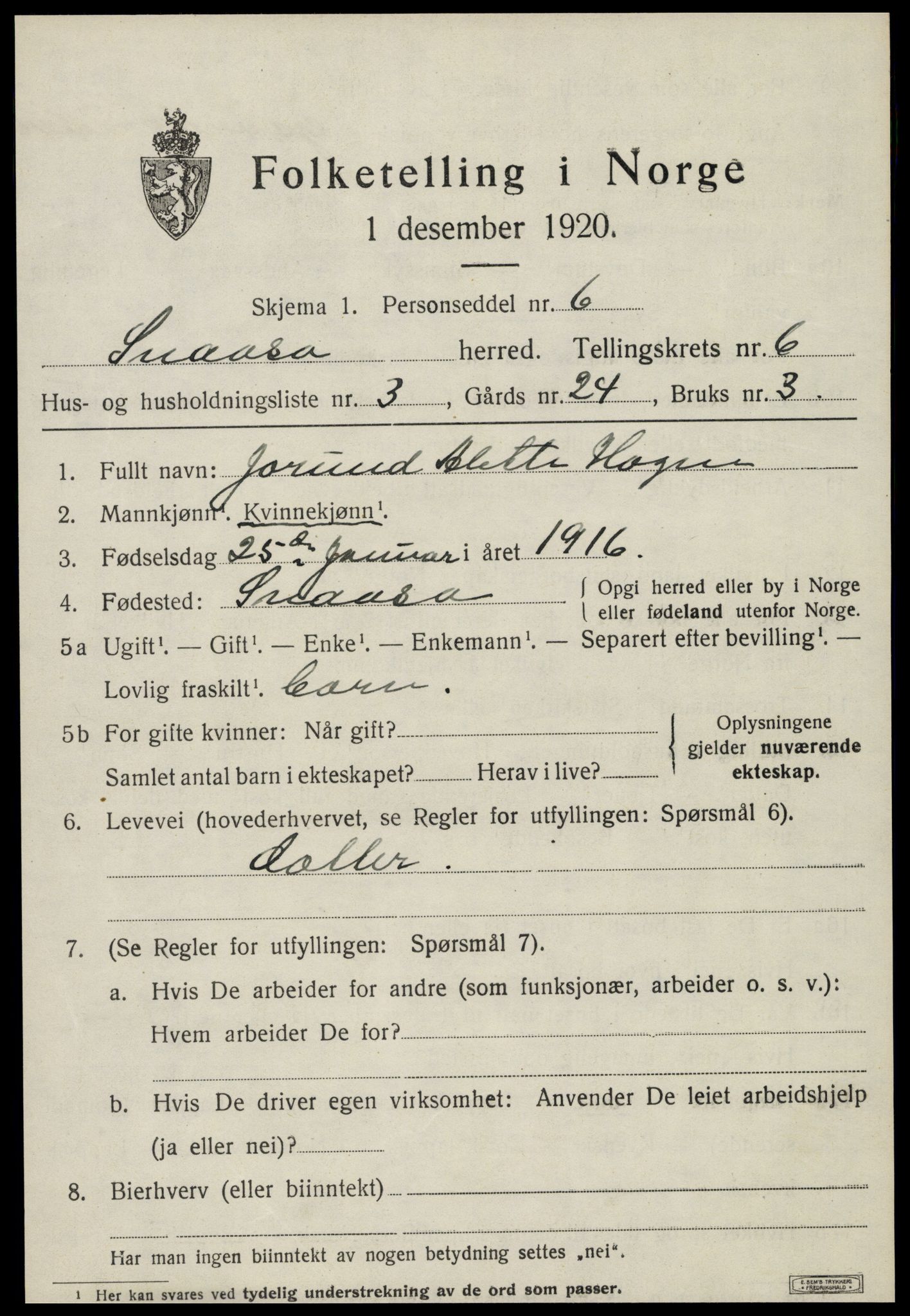 SAT, 1920 census for Snåsa, 1920, p. 2596