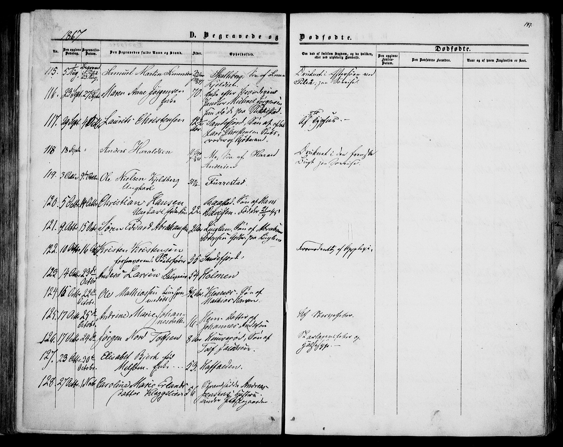 Sandar kirkebøker, AV/SAKO-A-243/F/Fa/L0009: Parish register (official) no. 9, 1862-1871, p. 147