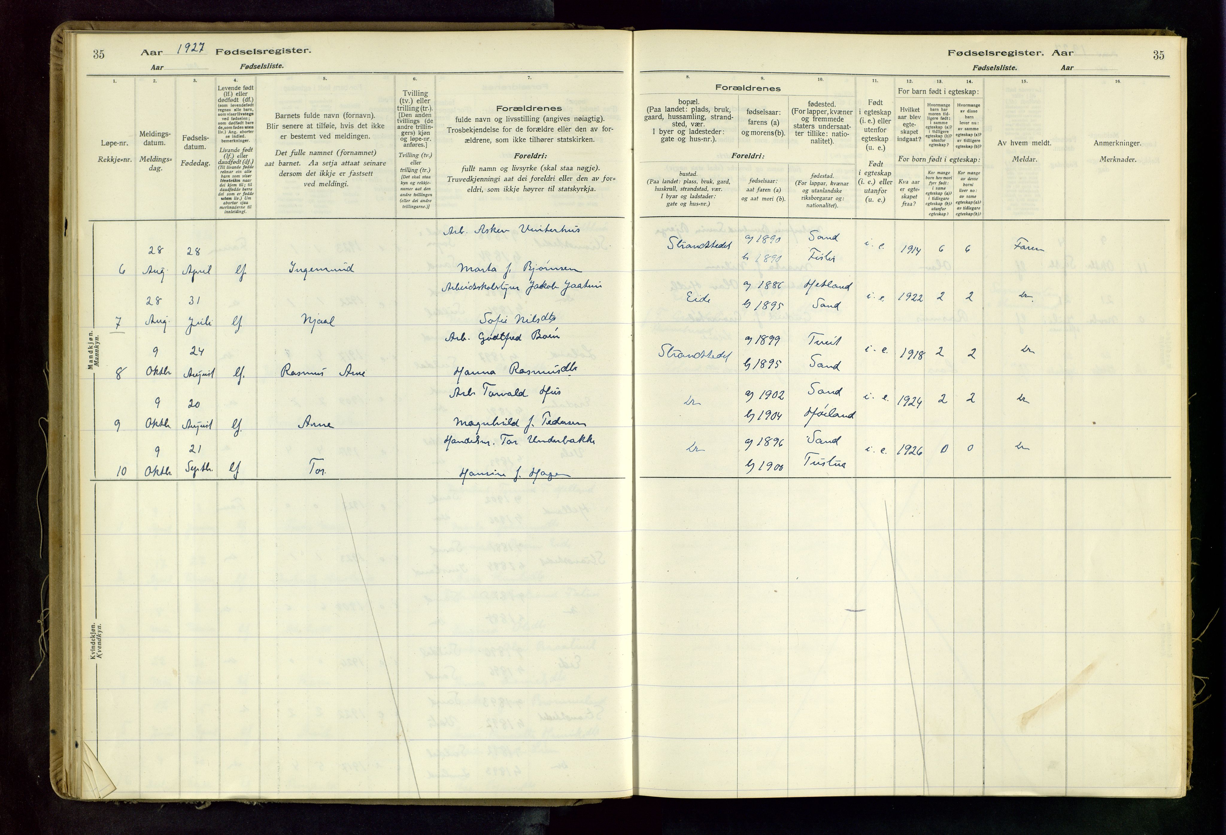 Suldal sokneprestkontor, SAST/A-101845/03/A/L0001: Birth register no. 1, 1916-1982, p. 35