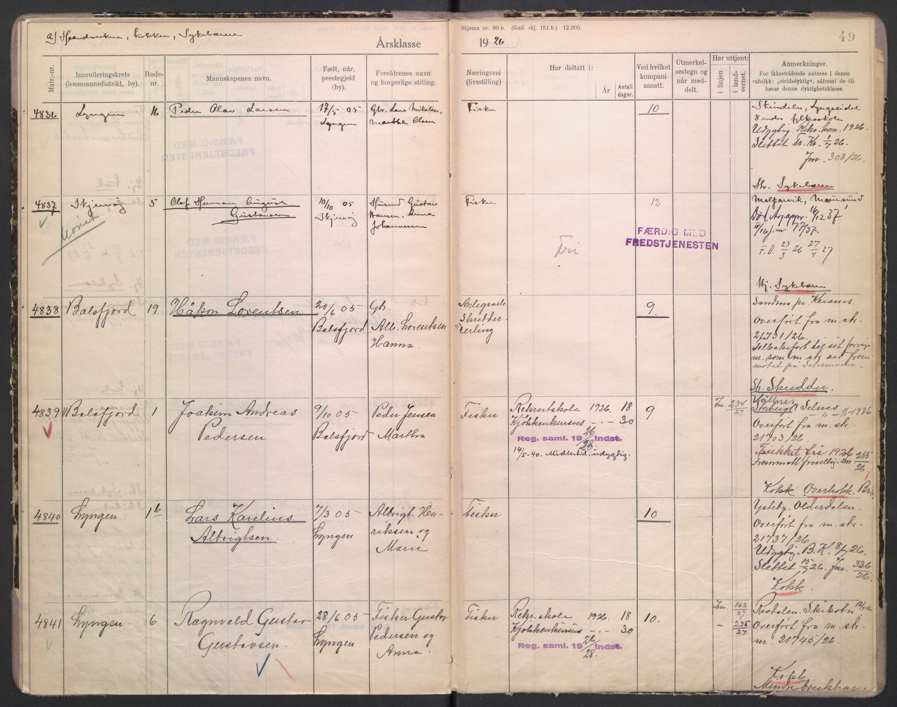 Forsvaret, Troms infanteriregiment nr. 16, AV/RA-RAFA-3146/P/Pa/L0004/0002: Ruller / Rulle for Lyngen bataljons menige mannskaper, årsklasse 1926, 1926, p. 49