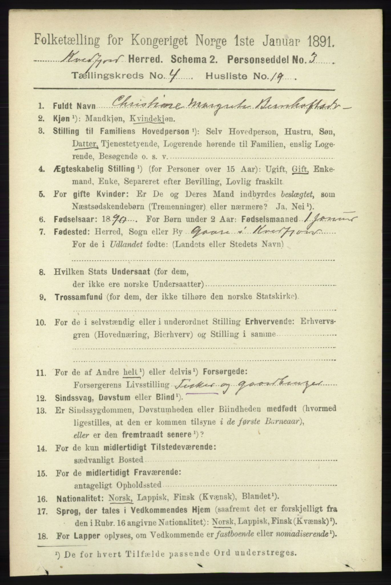 RA, 1891 census for 1911 Kvæfjord, 1891, p. 2004