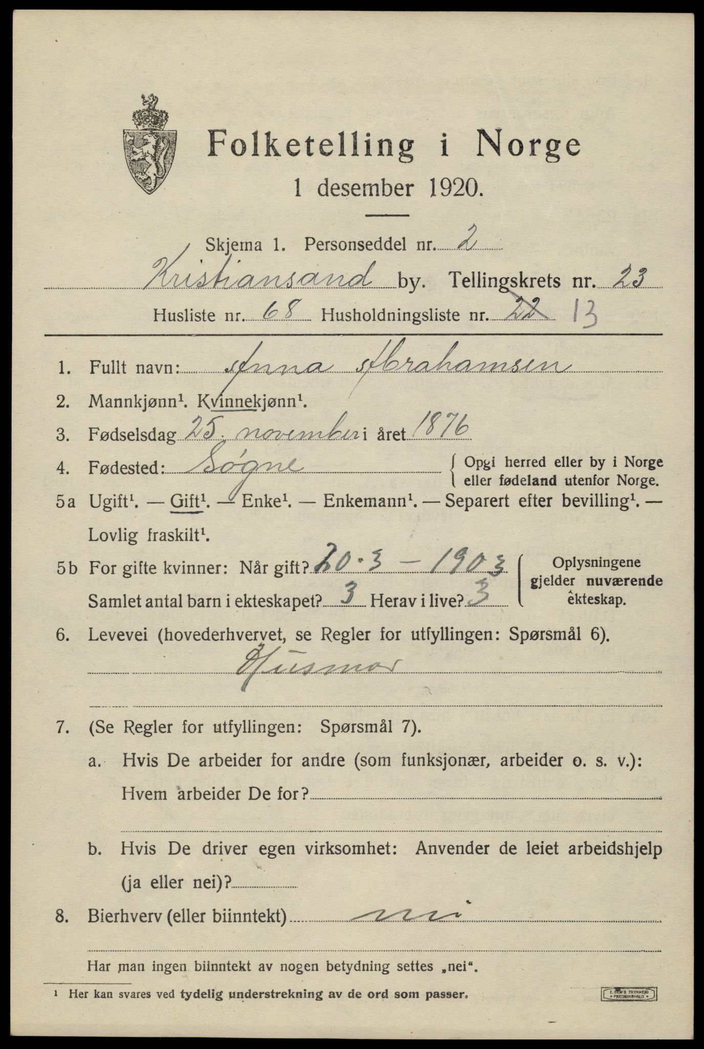 SAK, 1920 census for Kristiansand, 1920, p. 41665