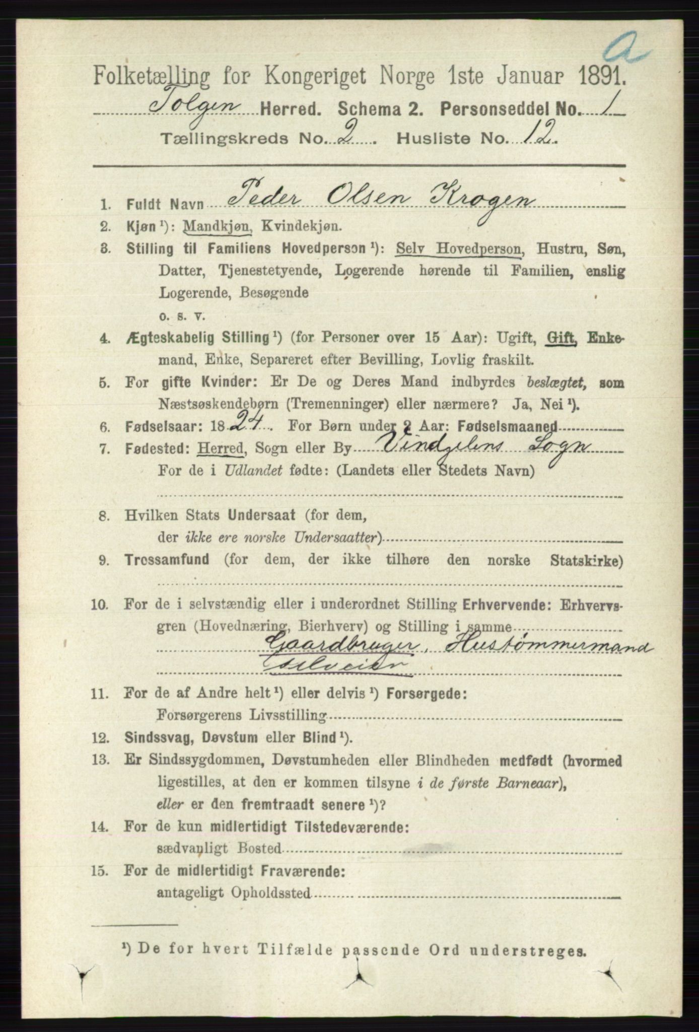 RA, 1891 census for 0436 Tolga, 1891, p. 361