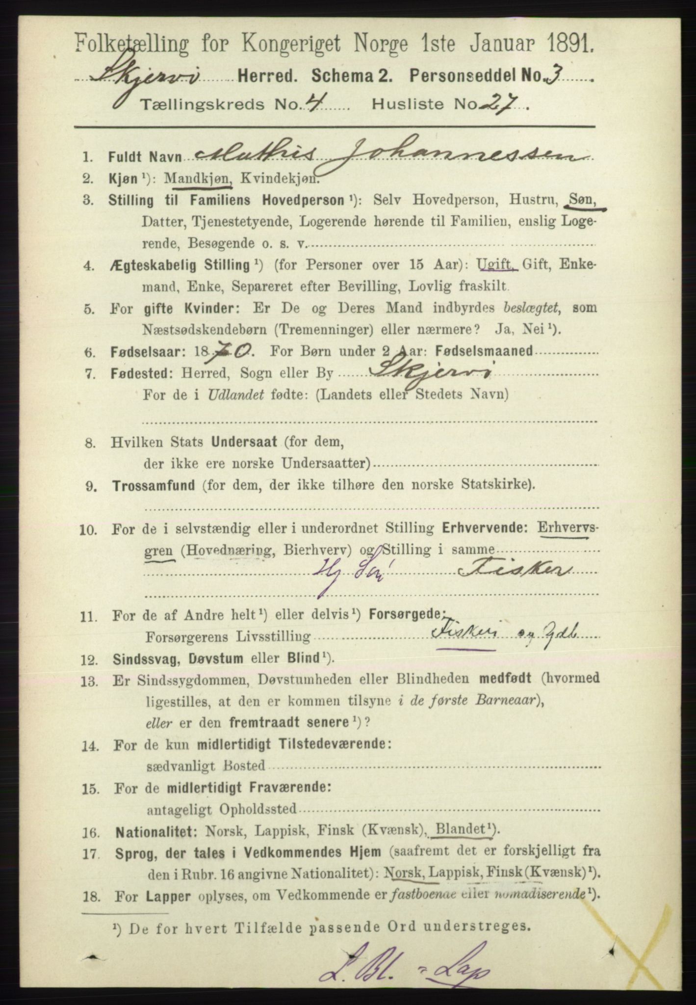 RA, 1891 census for 1941 Skjervøy, 1891, p. 2485