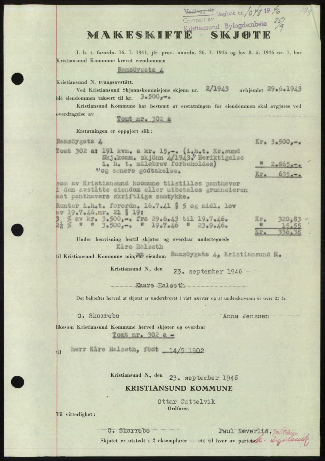 Kristiansund byfogd, AV/SAT-A-4587/A/27: Mortgage book no. 39b, 1946-1947, Diary no: : 1048/1946